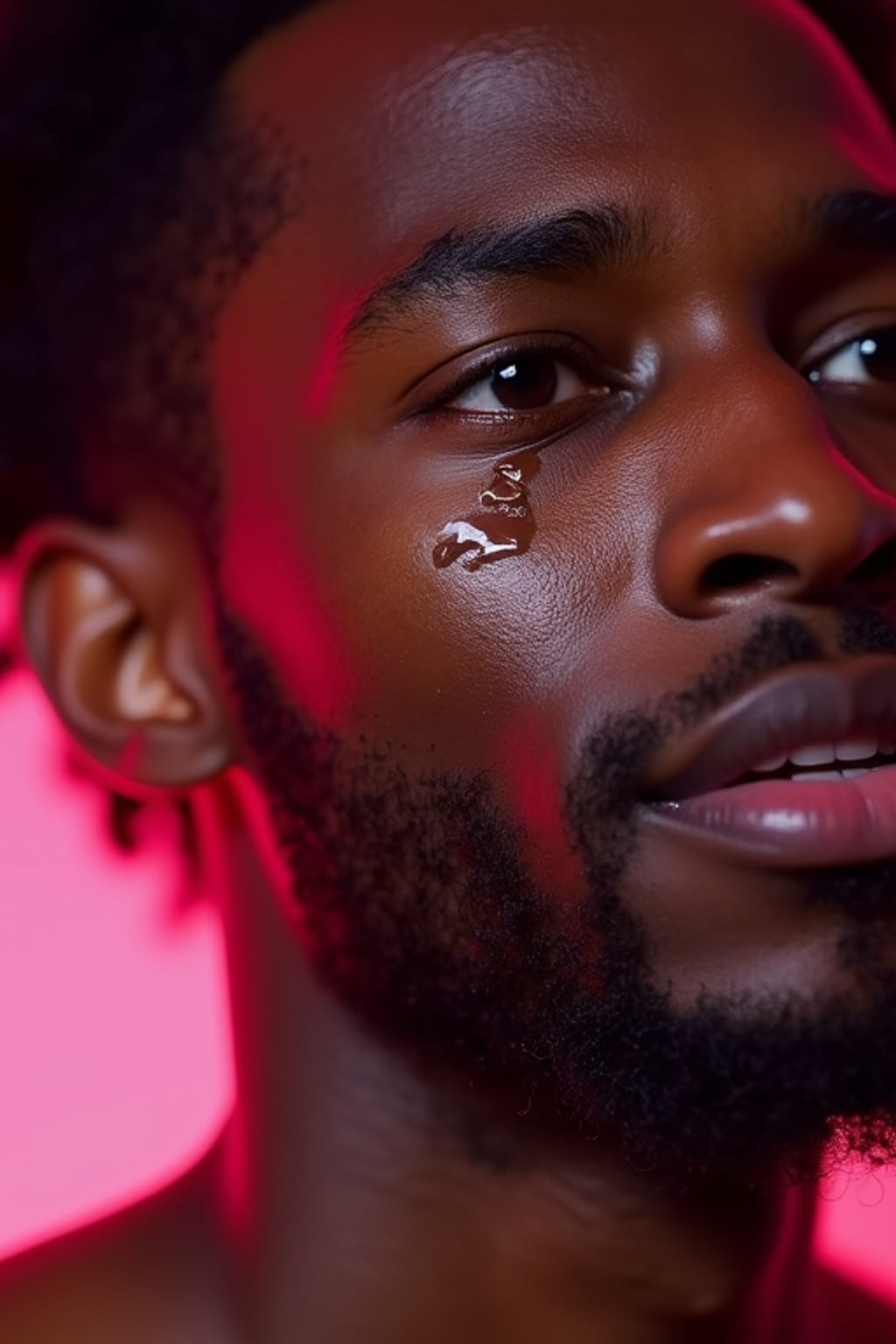 the image is a vibrant and colorful thumbnail, typically used for a youtube video. man with tears streaming down face, emotional crying, bright plain pink background