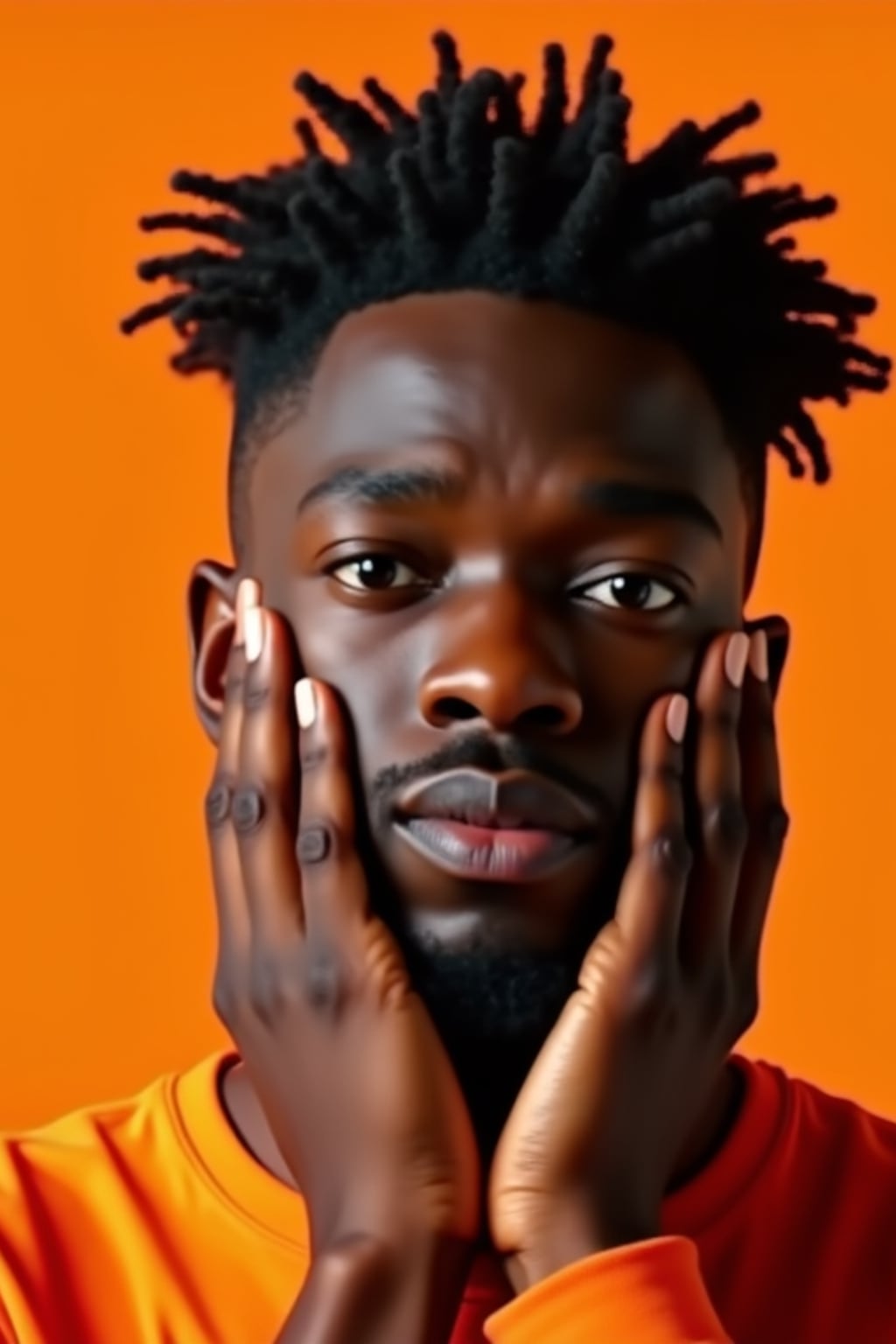 the image is a vibrant and colorful thumbnail, typically used for a youtube video. man with hands on cheeks, oh my god expression, bright plain orange background