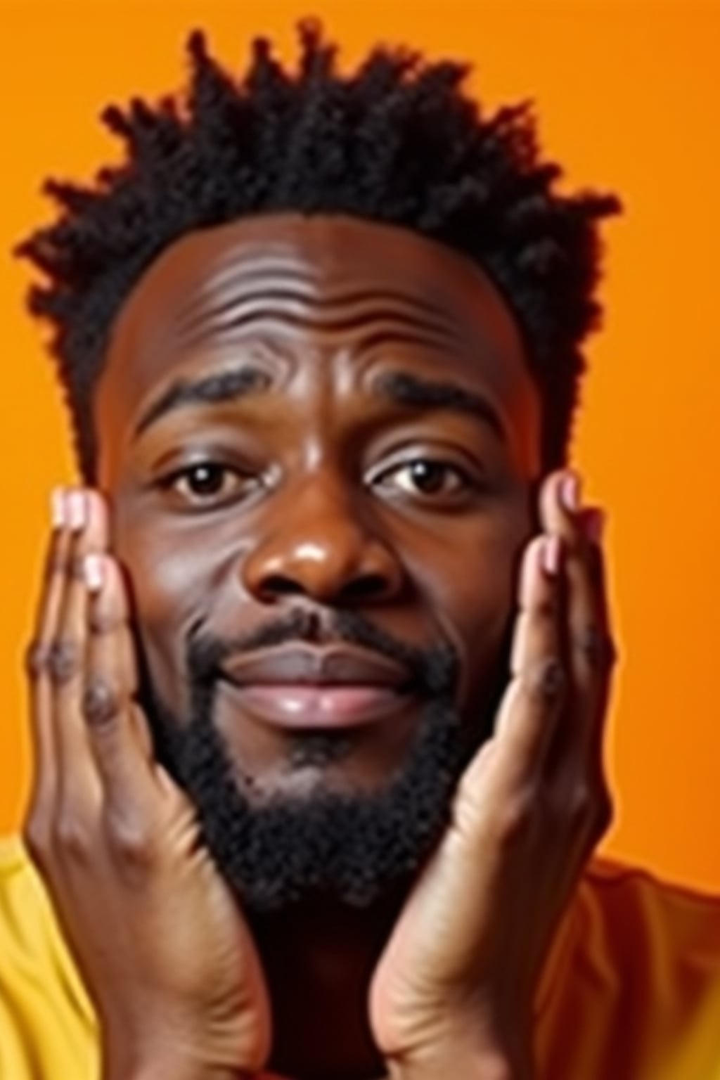 the image is a vibrant and colorful thumbnail, typically used for a youtube video. man with hands on cheeks, oh my god expression, bright plain orange background