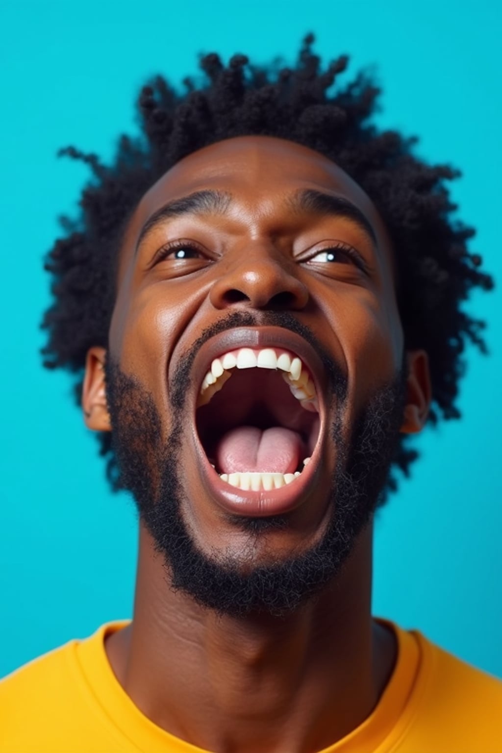 the image is a vibrant and colorful thumbnail, typically used for a youtube video. man with mouth wide open screaming yelling shouting, bright plain blue background