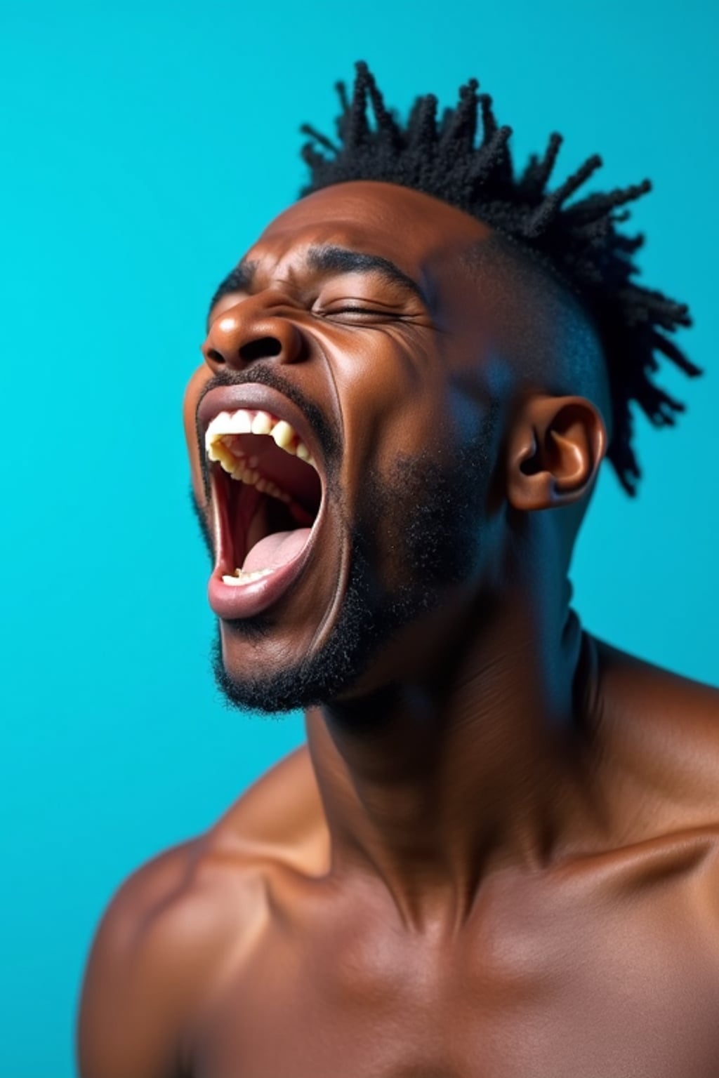 the image is a vibrant and colorful thumbnail, typically used for a youtube video. man with mouth wide open screaming yelling shouting, bright plain blue background