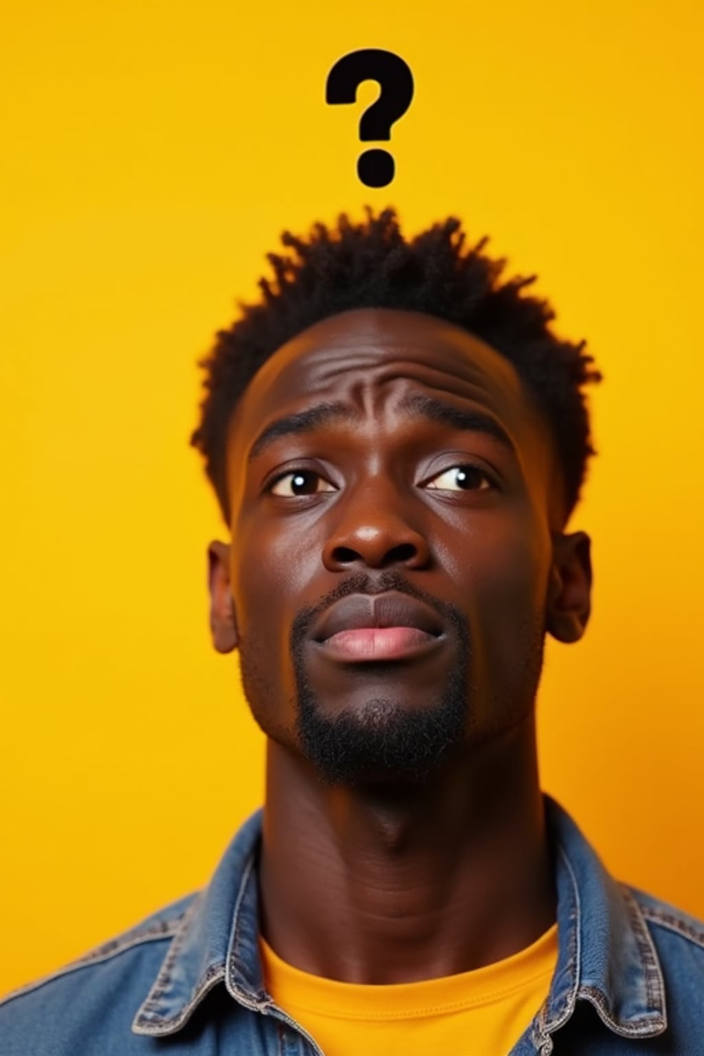the image is a vibrant and colorful thumbnail, typically used for a youtube video. man with confused puzzled expression, question mark above head, bright plain brown background