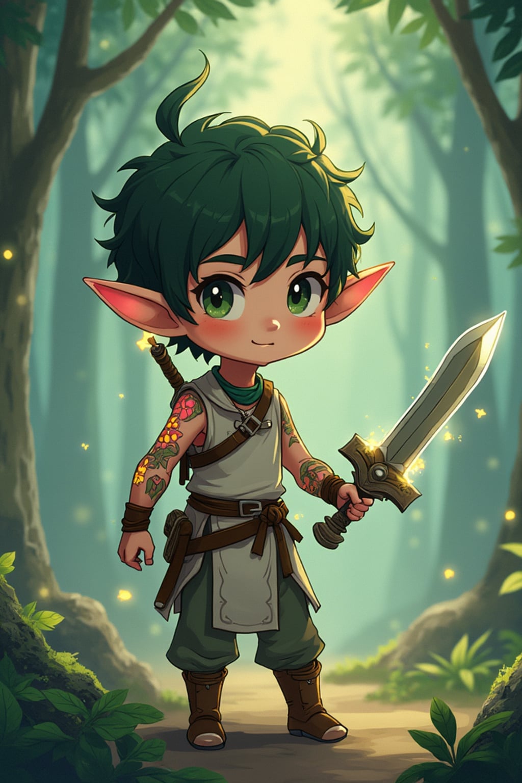 The man as a chibi elf with pointy ears and glowing tattoos, dressed in  a tunic with a tiny sword. The setting is a magical forest. The style is in cute chibi anime illustration.
