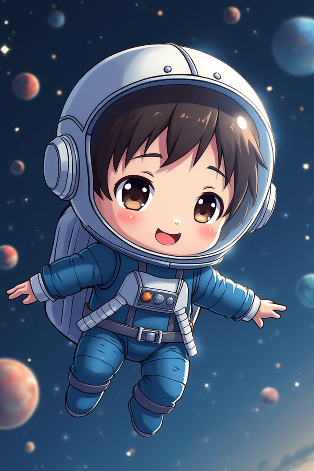 The man as a chibi astronaut floating in space, wearing  a blue space suit with a shiny helmet. The background is a galaxy with planets and stars. The style is in cute chibi anime illustration.