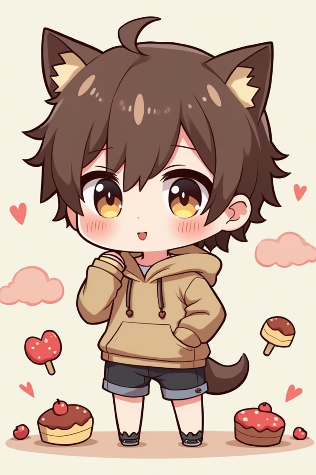 A chibi version of the man with huge sparkling eyes and a playful expression, wearing  a baggy hoodie with animal ears and shorts. Surrounded by floating sweets and soft clouds. The style is in cute chibi anime illustration.