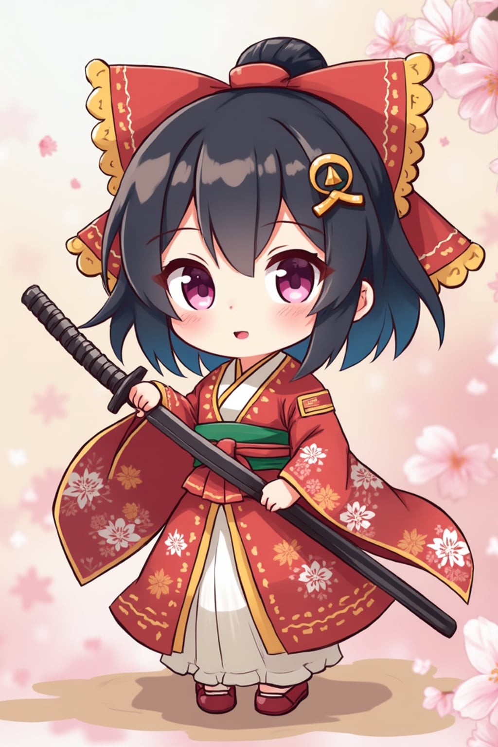 The woman as a chibi samurai, holding a tiny katana, wearing a colorful kimono with floral patterns and a big bow . The background features falling cherry blossoms. The style is in cute chibi anime illustration.