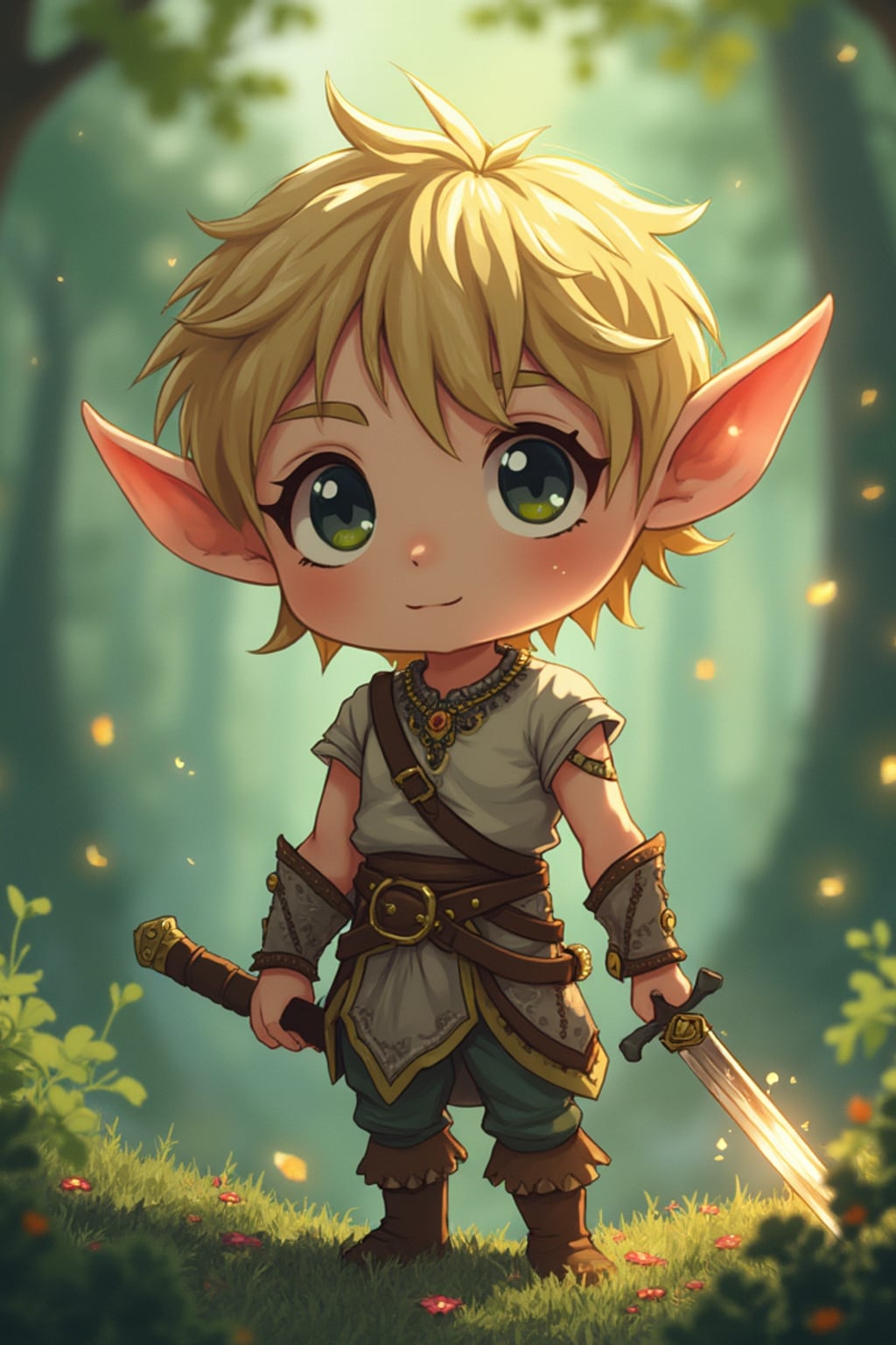 The man as a chibi elf with pointy ears and glowing tattoos, dressed in  a tunic with a tiny sword. The setting is a magical forest. The style is in cute chibi anime illustration.