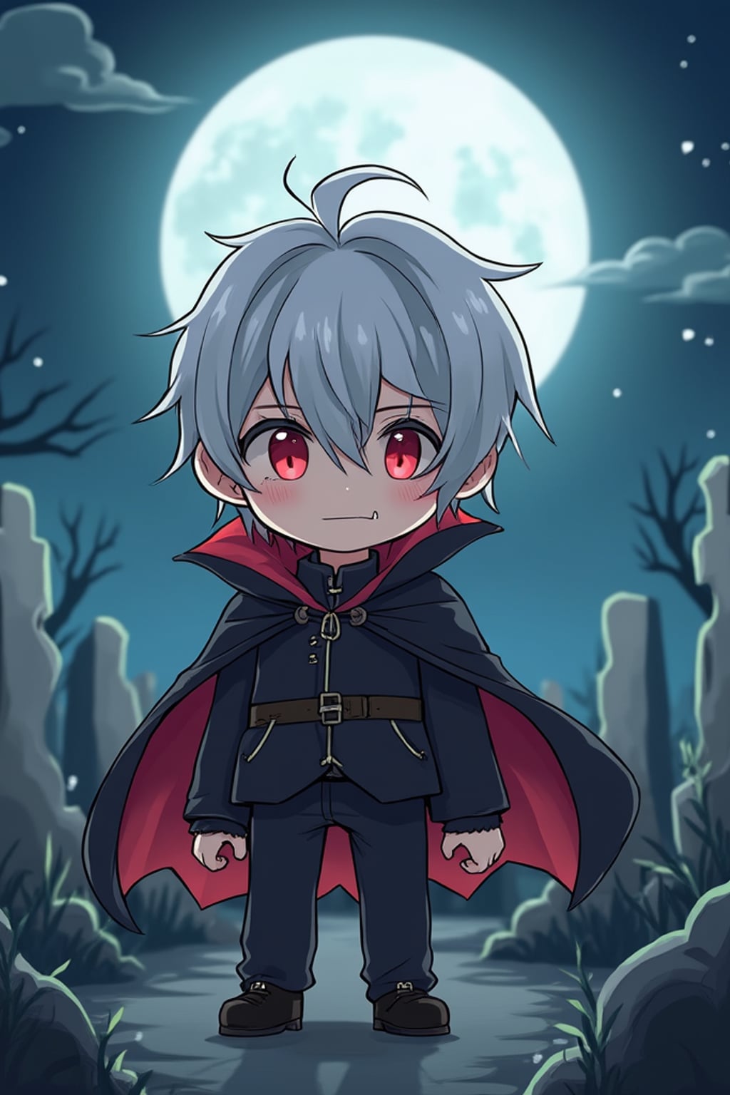 The man as a chibi vampire with tiny fangs and a mischievous smile, wearing  a little vampire cloak and silver hair. The setting is a moonlit graveyard. The style is in cute chibi anime illustration.