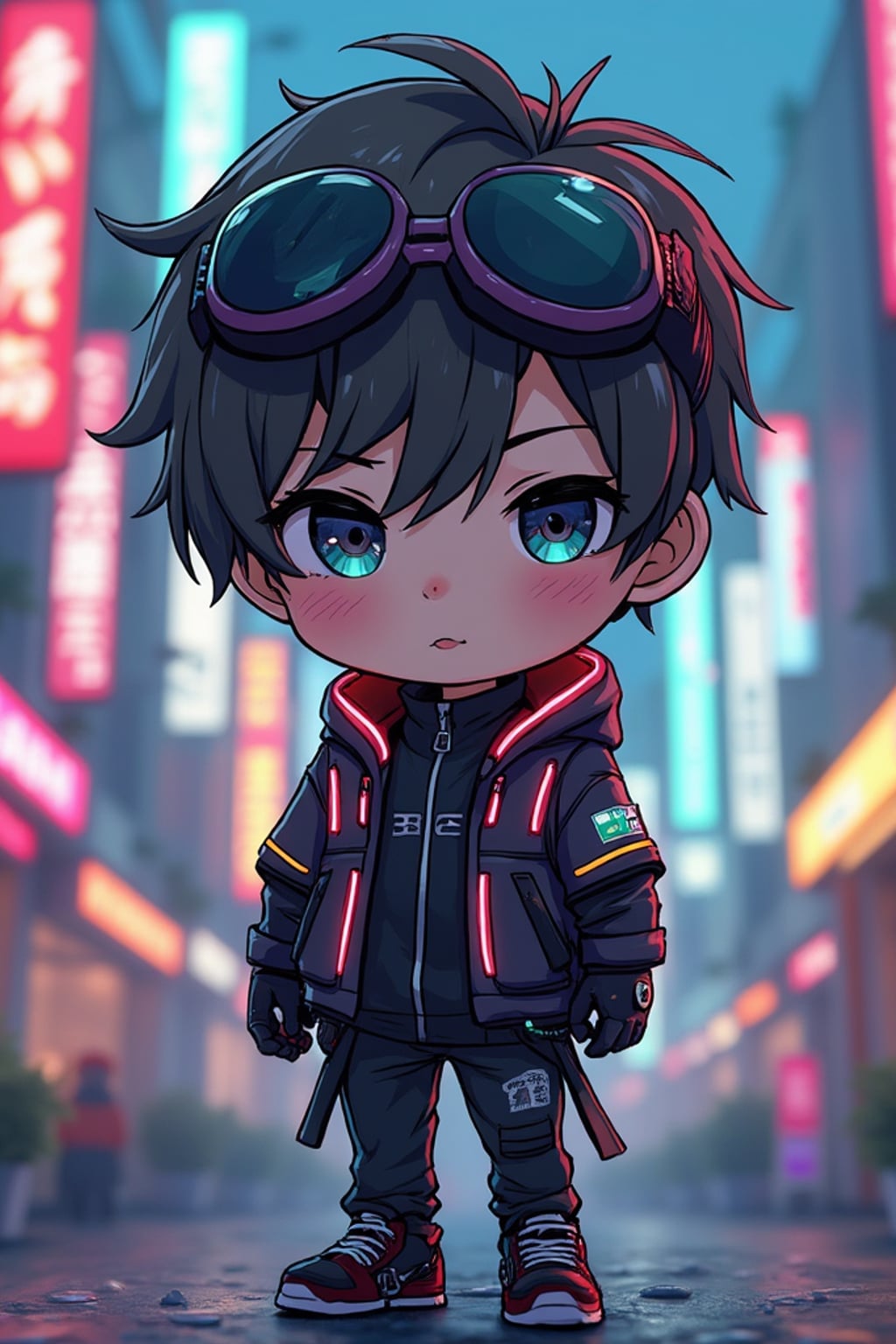 The man as a chibi cyberpunk explorer, with neon highlights and a tiny visor, wearing  a tech jacket with neon stripes and goggles. The background is a mini cityscape with glowing signs. The style is in cute chibi anime illustration.