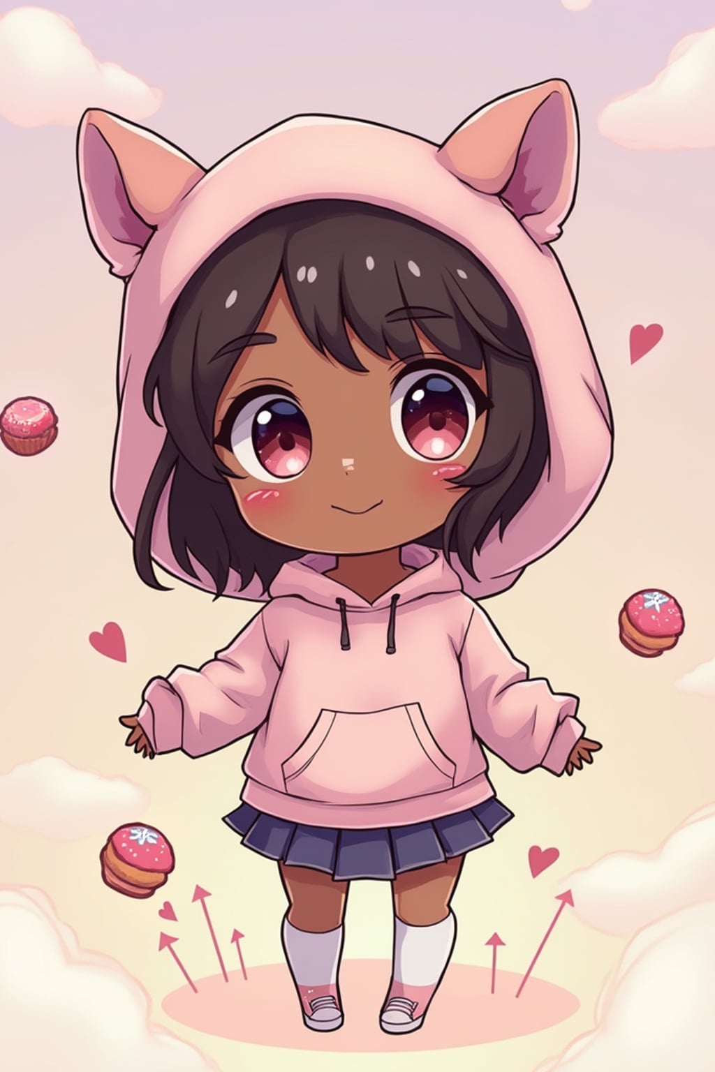 A chibi version of the woman with huge sparkling eyes and a playful expression, wearing a pastel hoodie with animal ears and a pleated skirt . Surrounded by floating sweets and soft clouds. The style is in cute chibi anime illustration.