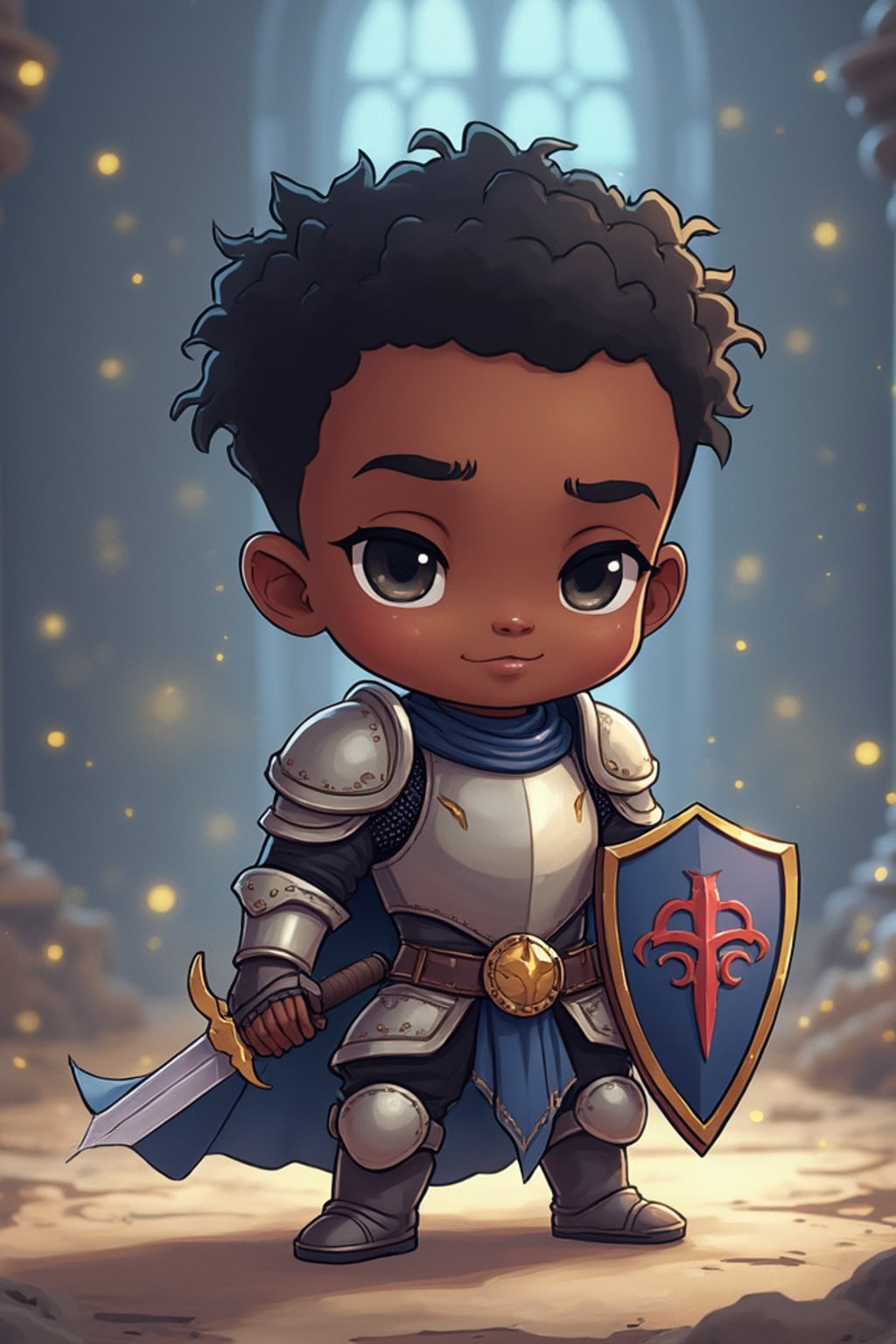 The man as a chibi fantasy warrior, dressed in  a knight's armor with a tiny shield. The setting is a magical castle with sparkles. The style is in cute chibi anime illustration.