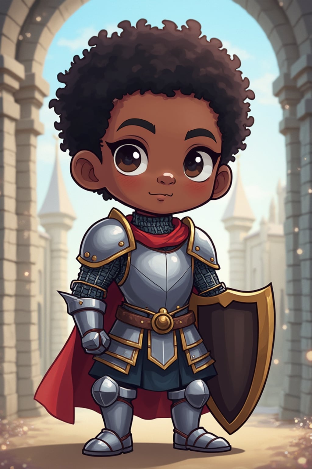 The man as a chibi fantasy warrior, dressed in  a knight's armor with a tiny shield. The setting is a magical castle with sparkles. The style is in cute chibi anime illustration.