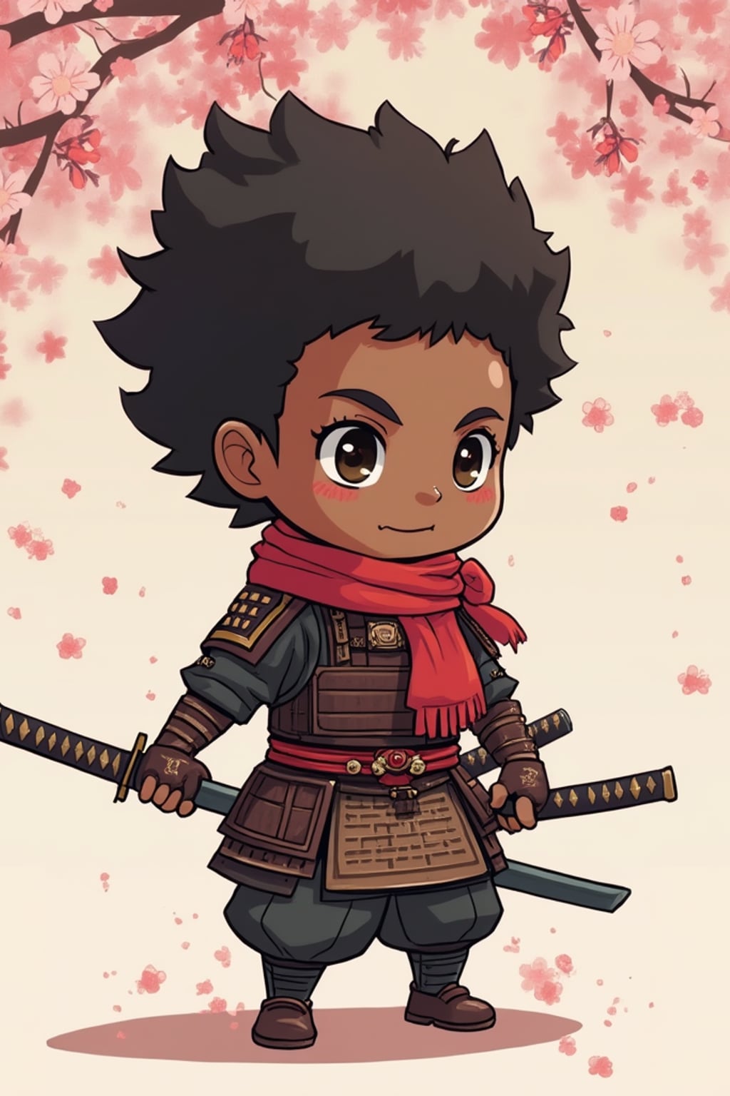 The man as a chibi samurai, holding a tiny katana, wearing  a small samurai armor with a red scarf. The background features falling cherry blossoms. The style is in cute chibi anime illustration.