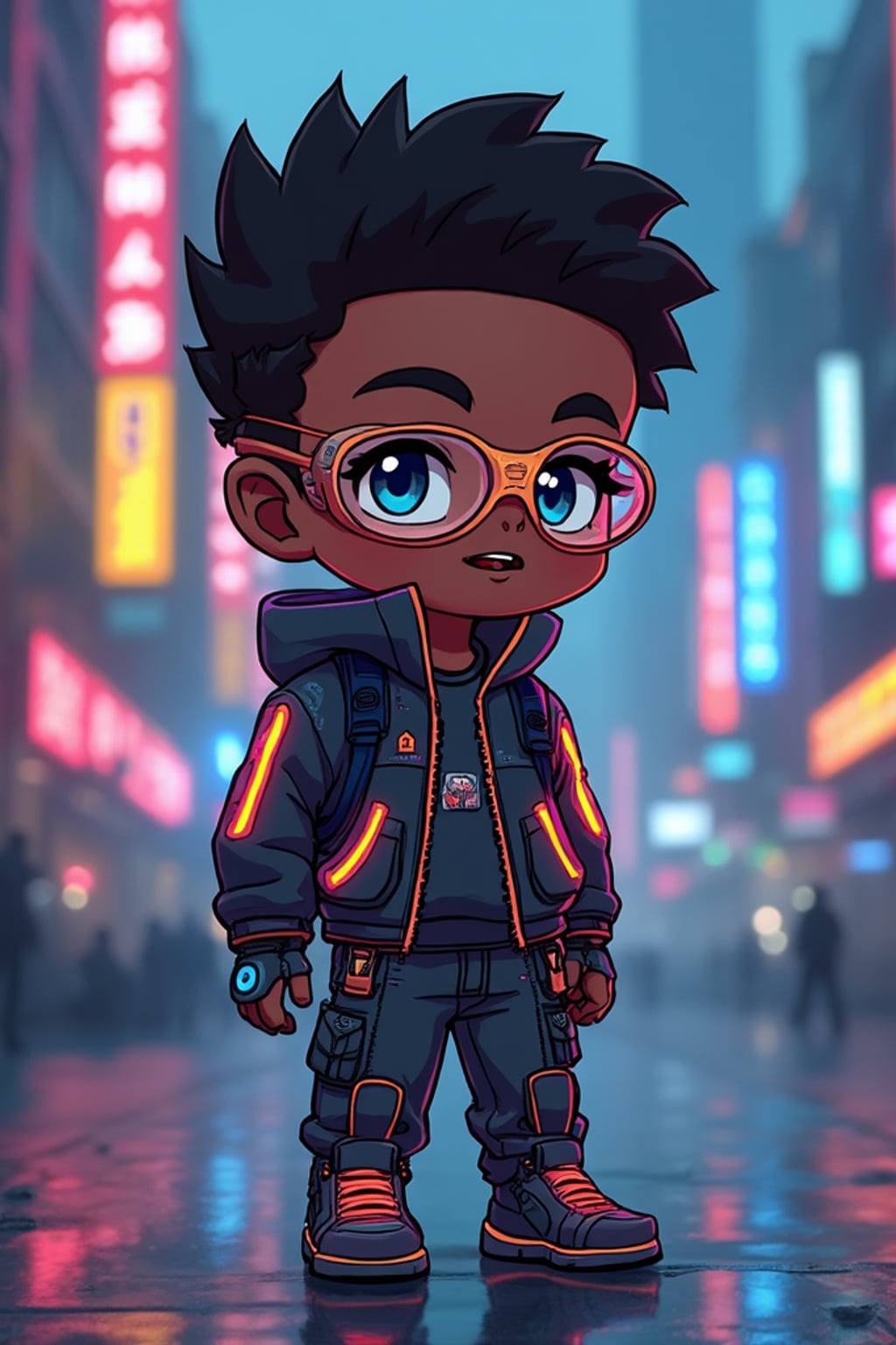 The man as a chibi cyberpunk explorer, with neon highlights and a tiny visor, wearing  a tech jacket with neon stripes and goggles. The background is a mini cityscape with glowing signs. The style is in cute chibi anime illustration.