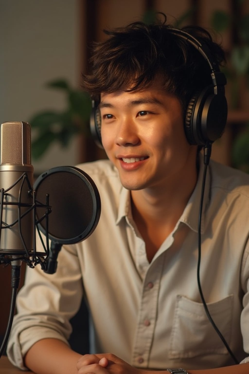 man as podcast co-host, wearing  relaxed button-up, sharing microphone space, collaborative setup, warm studio atmosphere, friendly interaction