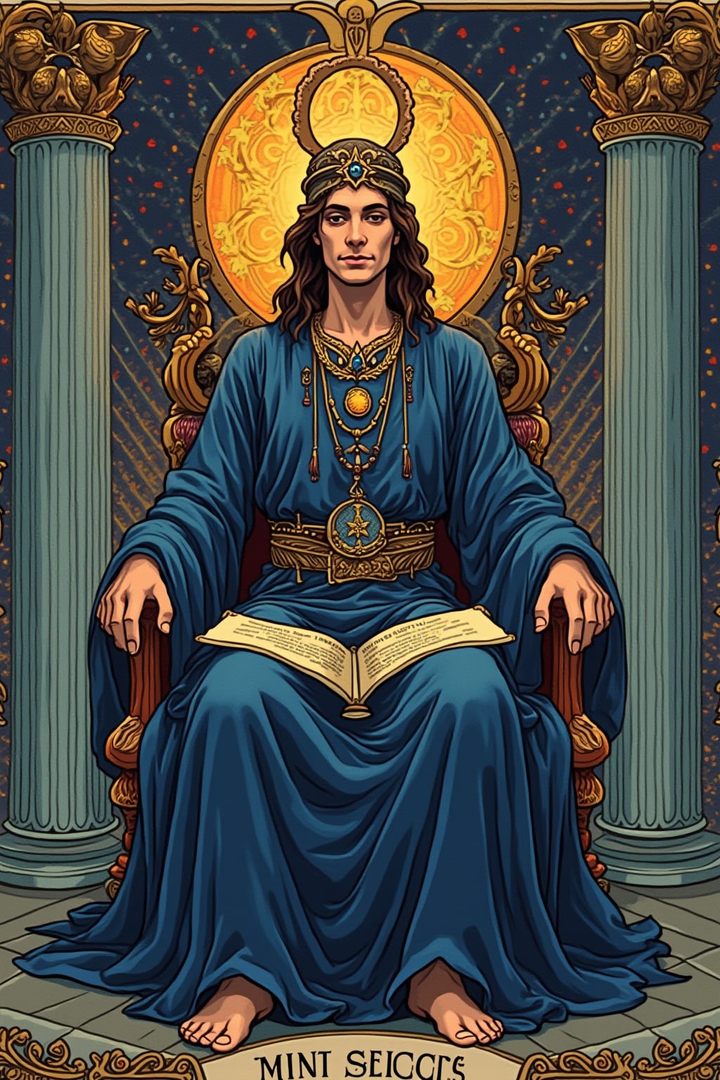 Tarot Card of The High Priestess featuring man wearing  flowing indigo robes with lunar crown and mystical pendant, seated between two pillars, scroll of ancient wisdom in lap, pomegranate tapestry behind, crescent moon at feet, serene mystical expression