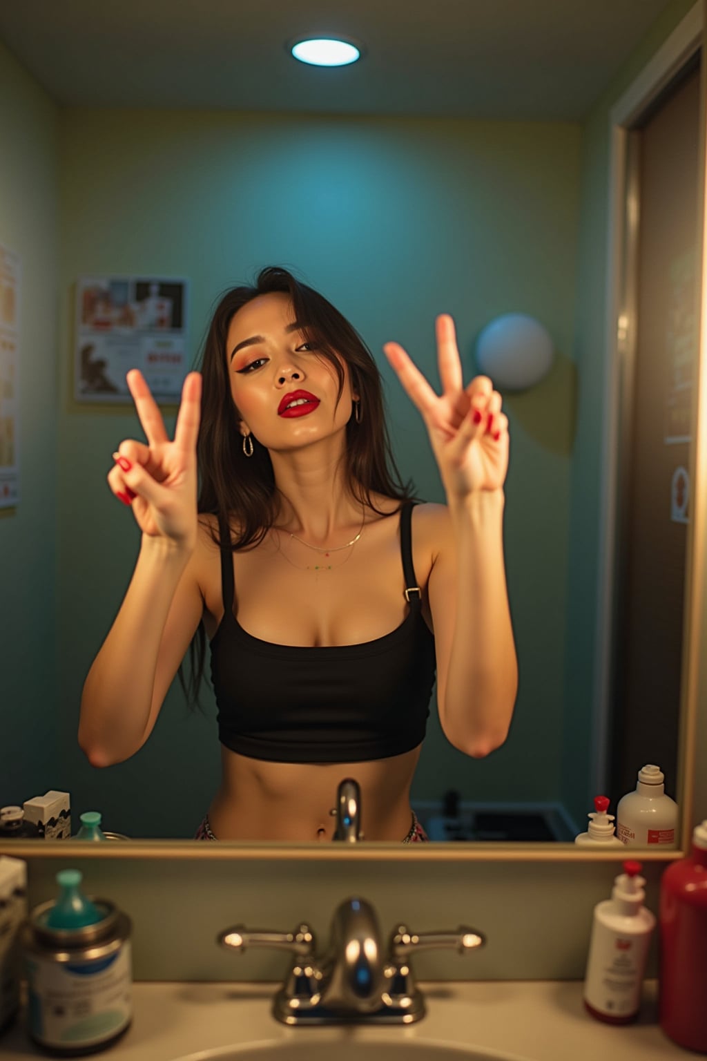 camera flash overexposed, woman in a cramped bathroom mirror selfie with friends. Wearing a tight crop top, bold makeup, peace sign, playful and sexy, showing midriff . Flash reflection, cluttered counter, chaotic fun.