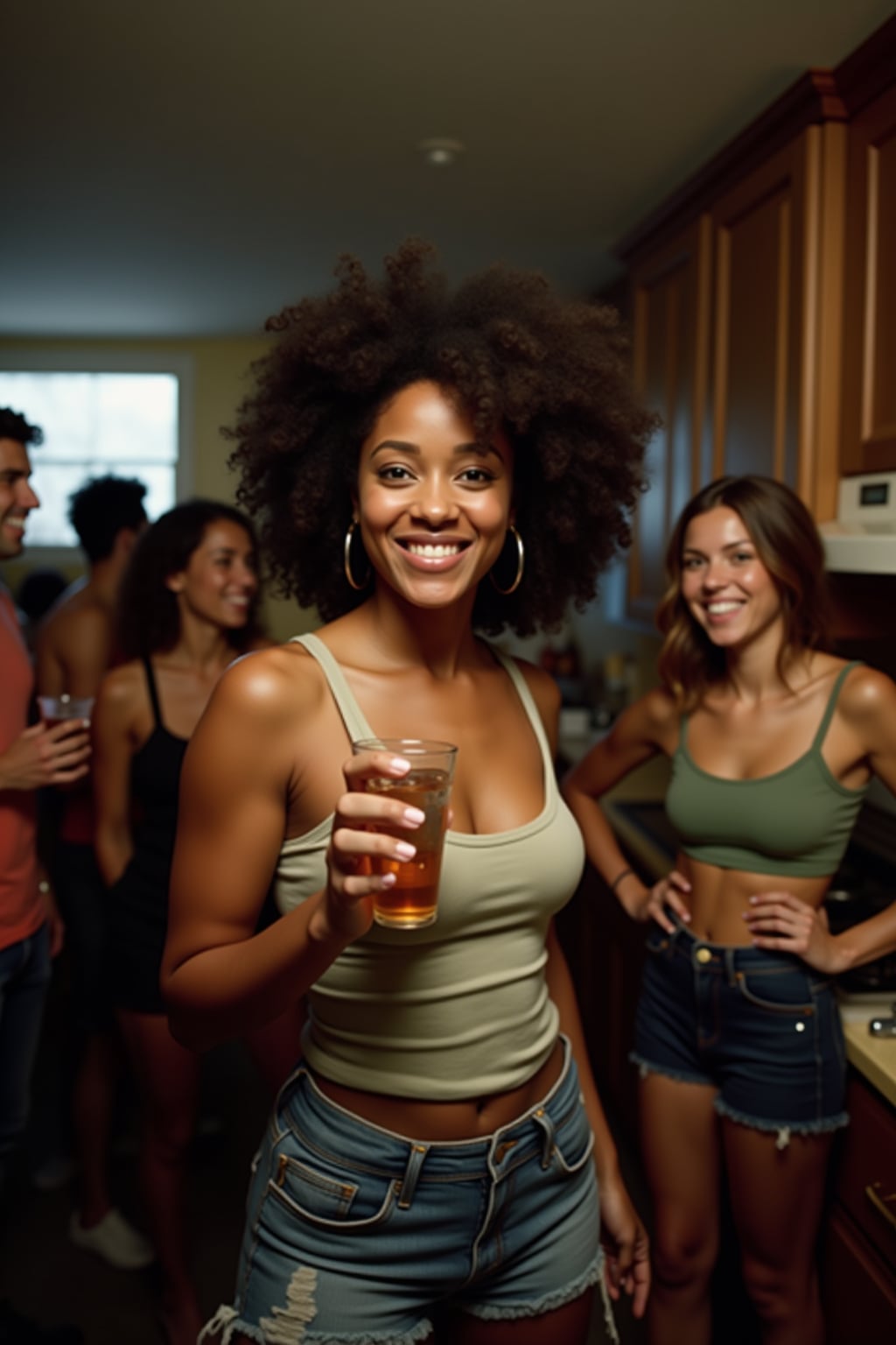 camera flash overexposed, woman in a crowded kitchen, people talking and laughing around. Wearing a tight tank top, holding a drink, flirty smile, sexy body language . Flash, candid, social chaos.