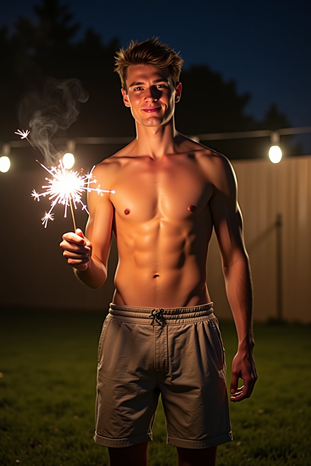 camera flash overexposed, man in a backyard with string lights, holding a sparkler.  Wearing shorts, waving sparkler. Flash and string lights, summer night.