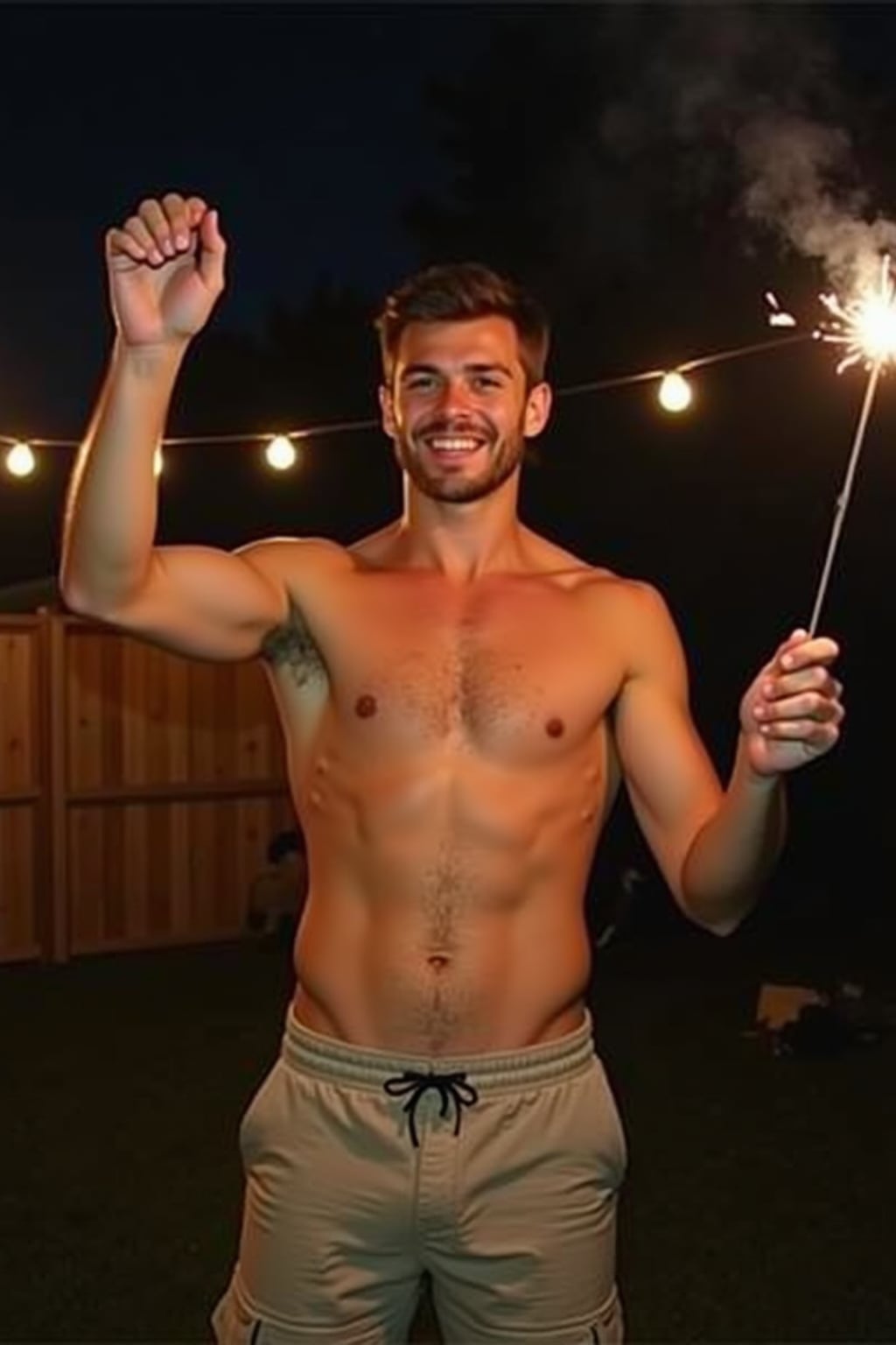 camera flash overexposed, man in a backyard with string lights, holding a sparkler.  Wearing shorts, waving sparkler. Flash and string lights, summer night.