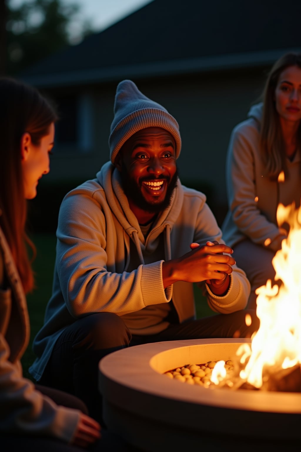 camera flash overexposed, man in a backyard, friends gathered around a fire pit.  Wearing beanie, telling a joke. Flash, night, house party outdoors.