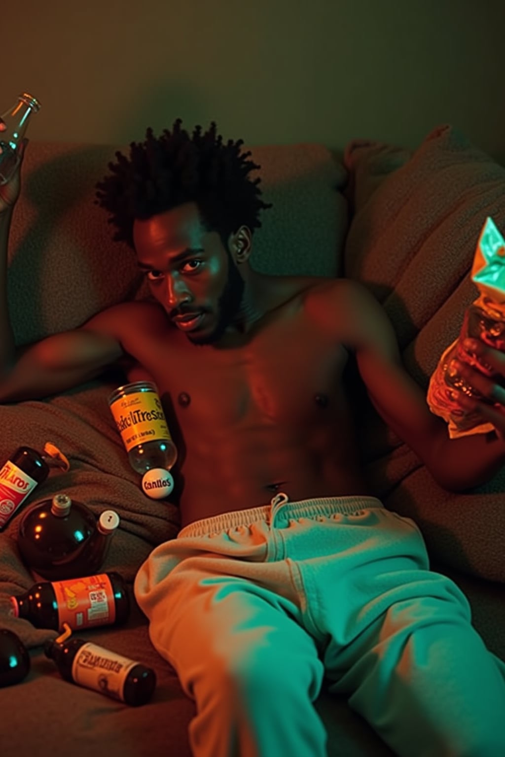camera flash overexposed, man sprawled on a couch with snacks and empty bottles.  Wearing sweatpants, holding a bag of chips. Flash-lit, messy, afterparty vibe.
