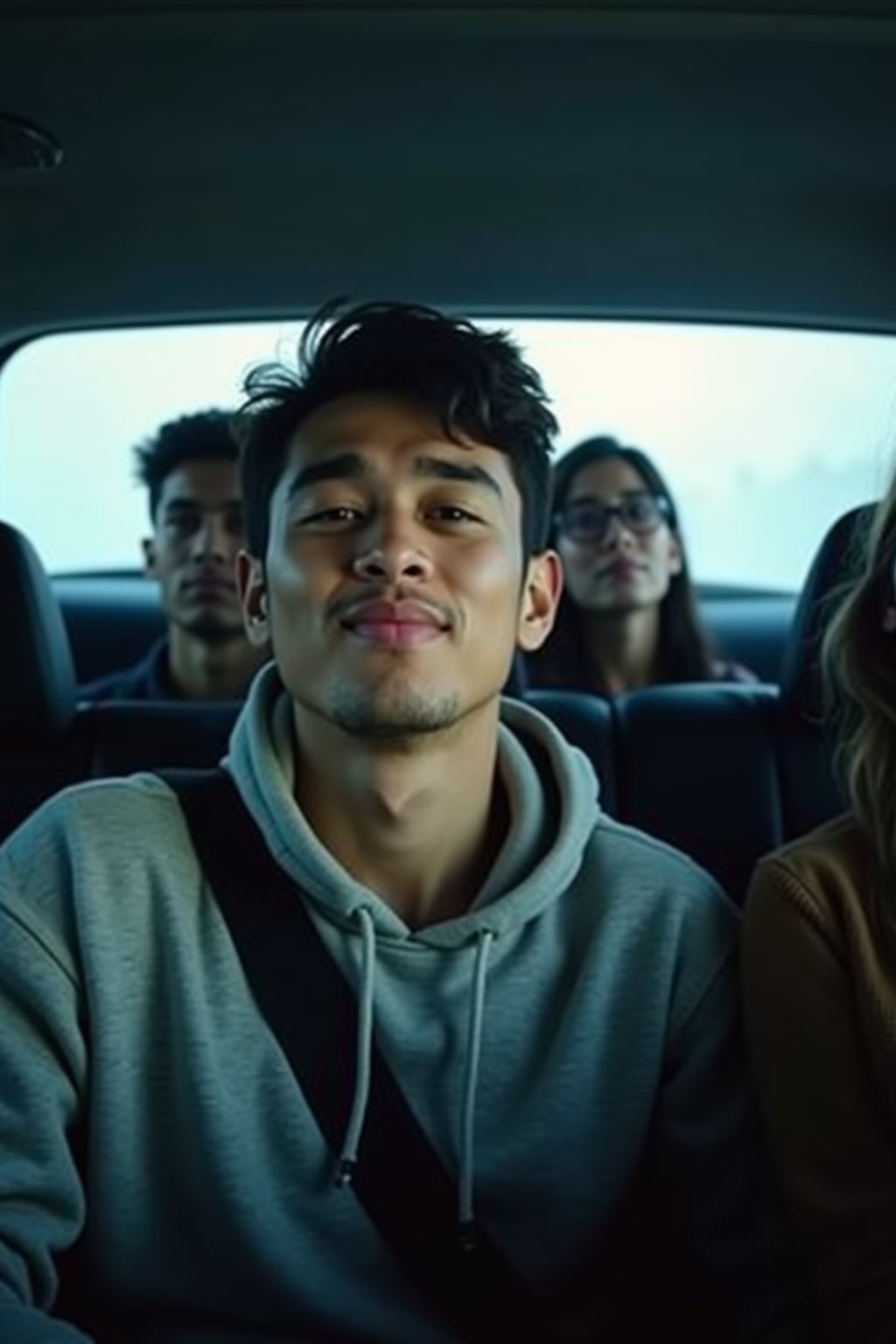 camera flash overexposed, man in the backseat of a car with friends, windows fogged up.  Wearing hoodie, making a silly face. Flash glare, cramped space, candid energy.