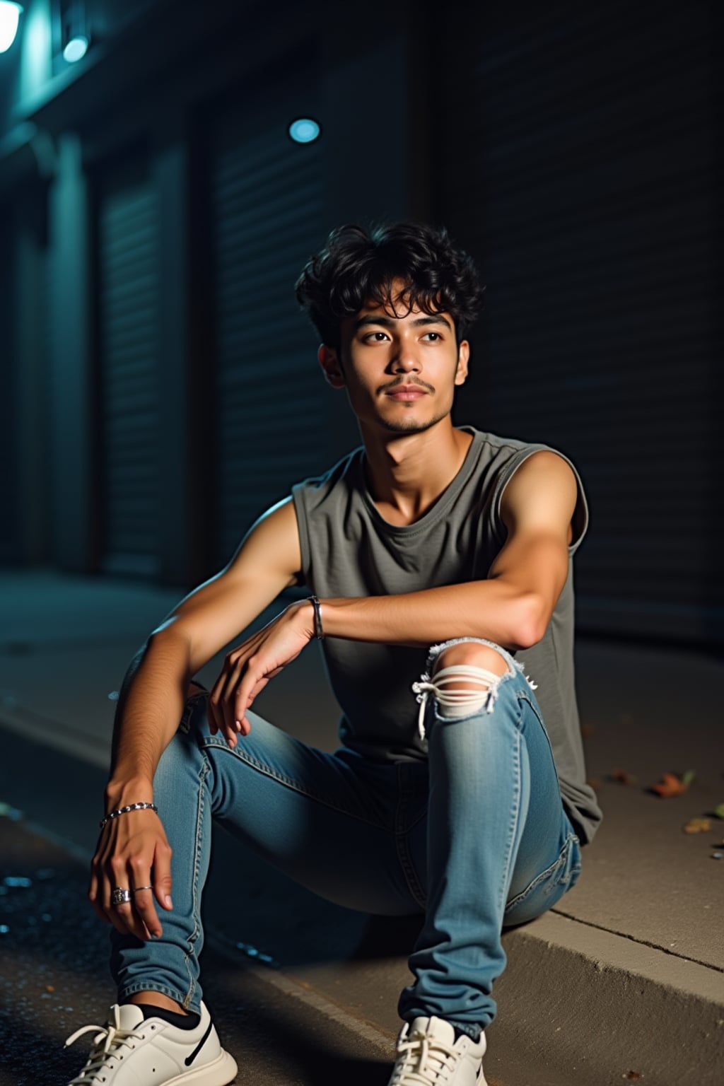 camera flash overexposed, man sitting on the curb outside a party.  Wearing ripped jeans, sneakers, looking contemplative. Night street, harsh flash, spontaneous moment.