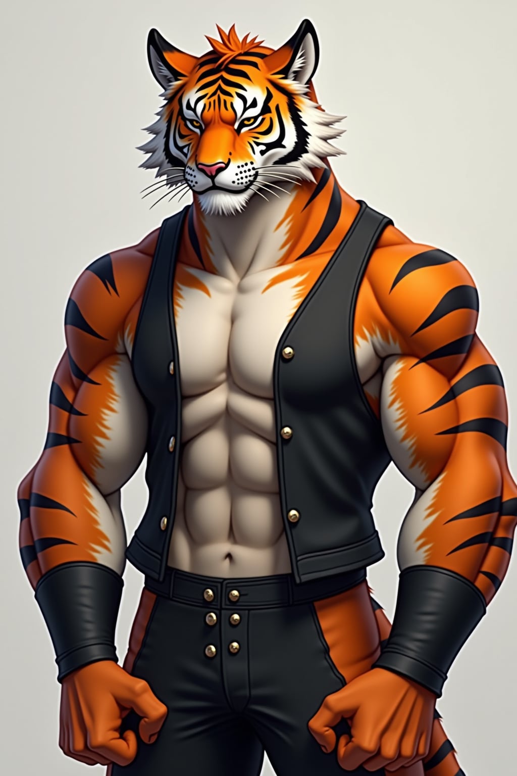 furry character of tiger fursona of man with  fierce tiger features, bold orange and black stripes, and prominent ears, wearing athletic wear, determined expression, detailed digital furry art style