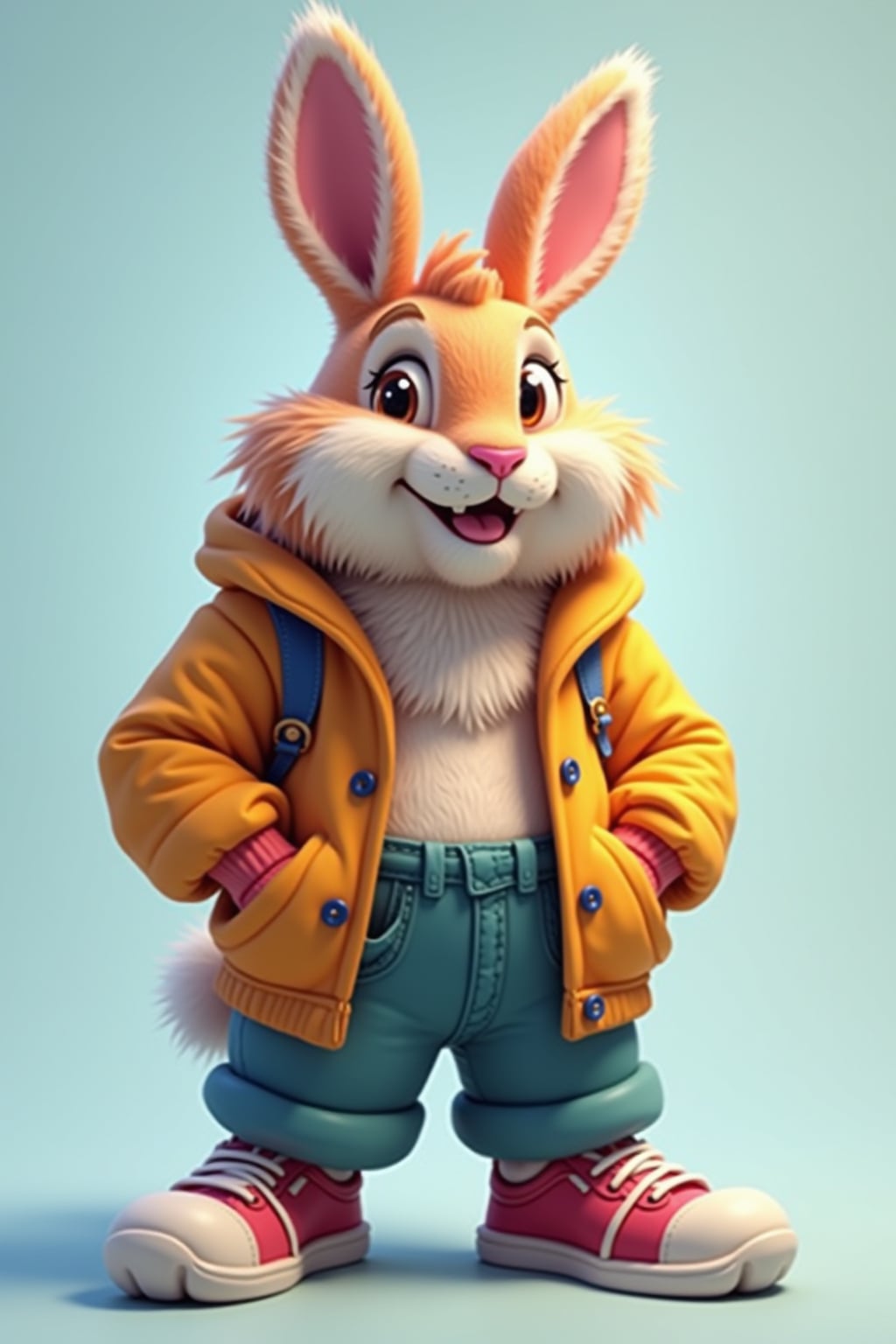 furry character of bunny fursona of man with  handsome rabbit features, fluffy fur, and upright ears, wearing colorful casual wear, happy expression, detailed digital furry art style, pastel colors