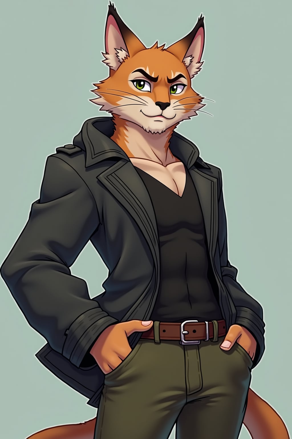 furry character of cat fursona of man with  cool feline features, sleek fur, and prominent cat ears, wearing stylish casual outfit, confident expression, detailed digital furry art style, bright colors