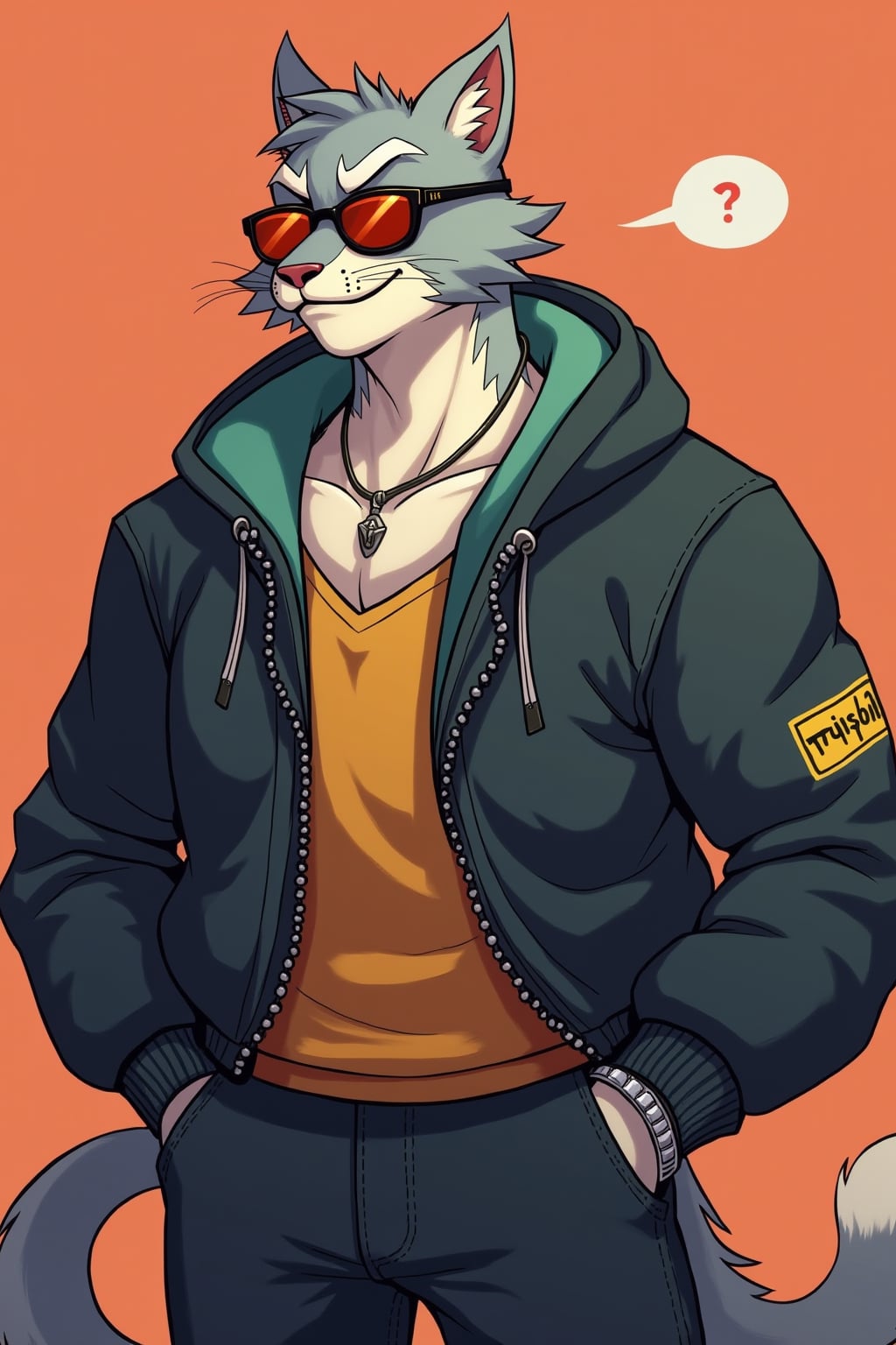 furry character of cat fursona of man with  cool feline features, sleek fur, and prominent cat ears, wearing stylish casual outfit, confident expression, detailed digital furry art style, bright colors