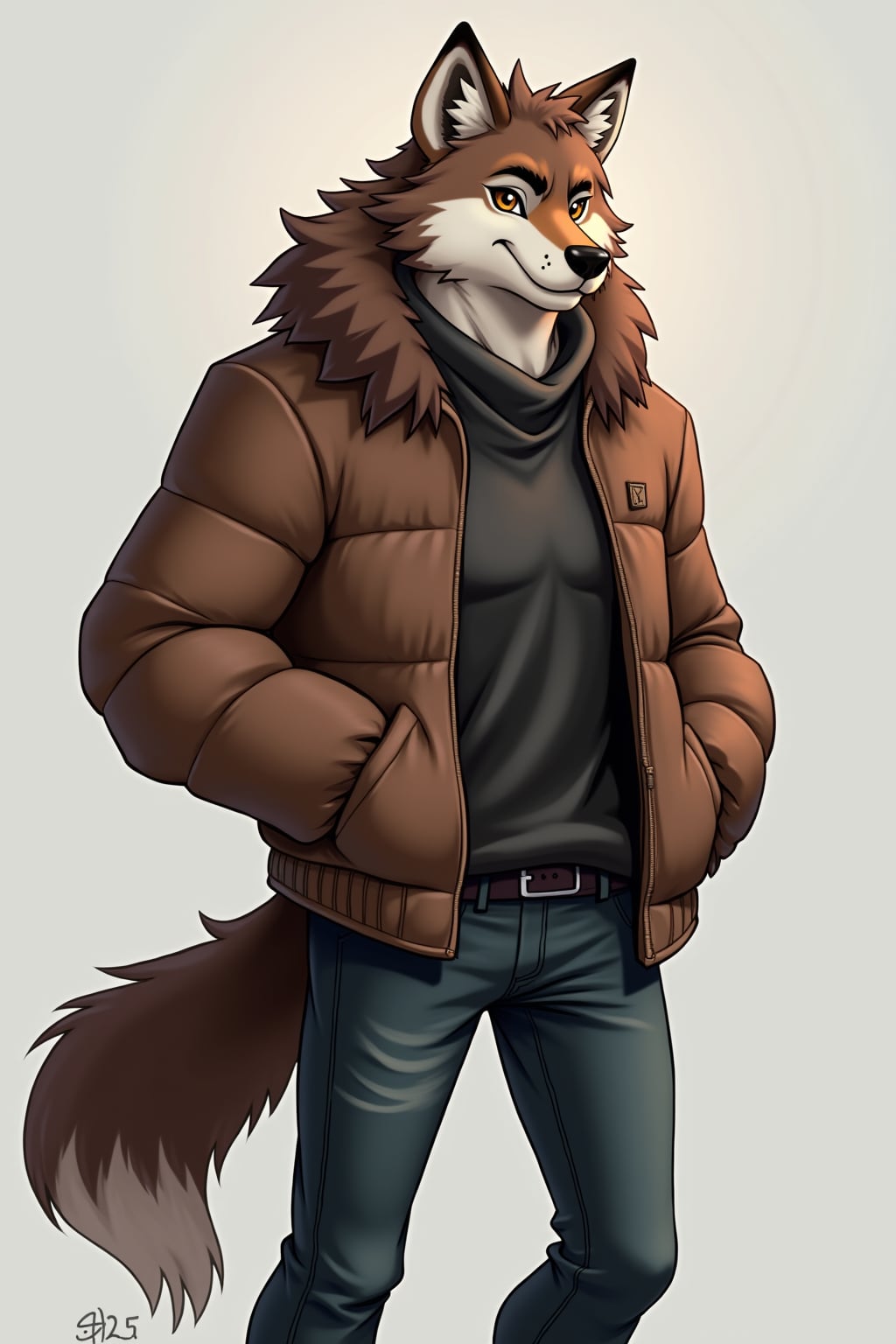 furry character of wolf fursona of man with  masculine features, rugged fur, and prominent wolf ears, wearing casual modern clothing, friendly expression, detailed digital furry art style, vibrant colors