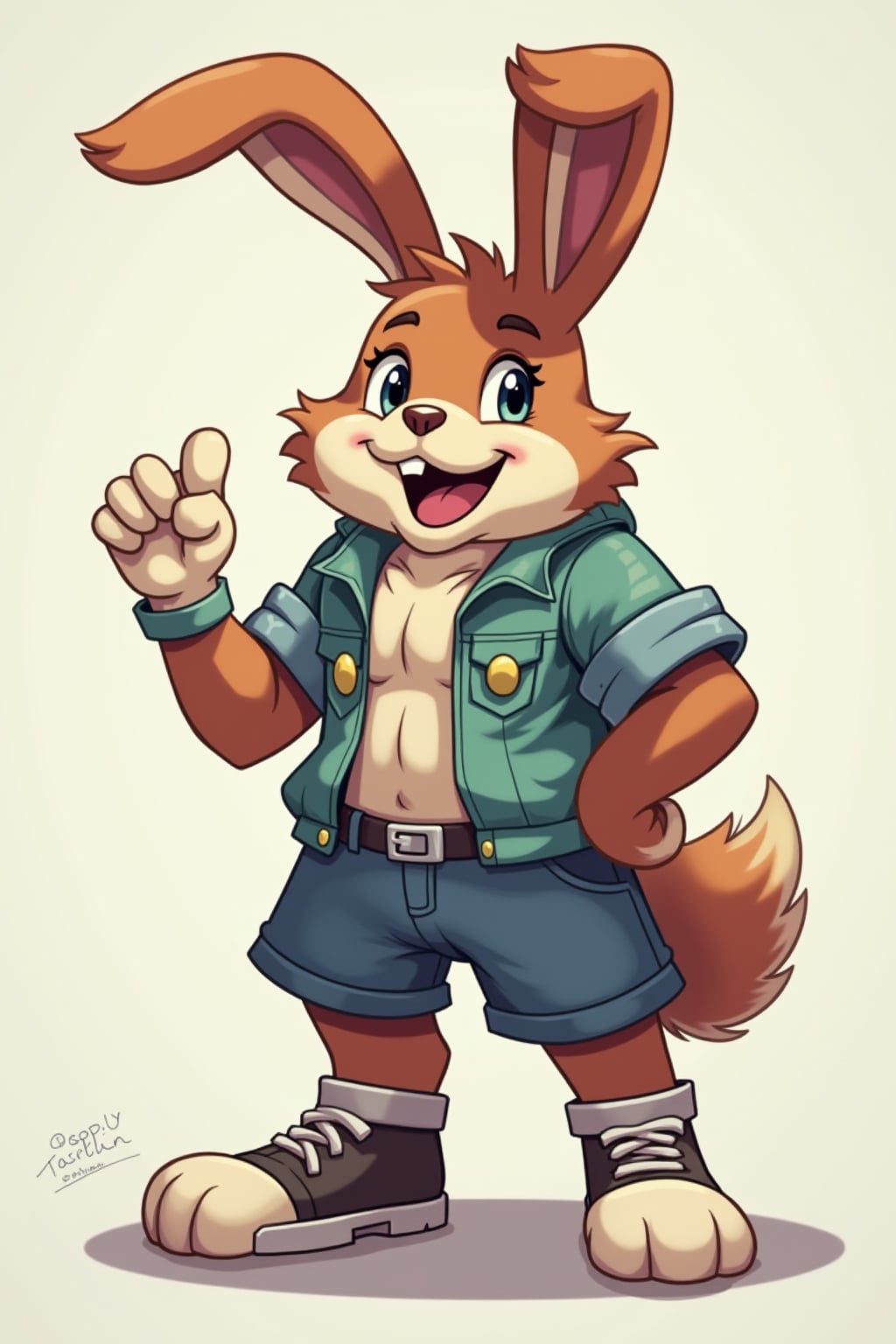 furry character of bunny fursona of man with  handsome rabbit features, fluffy fur, and upright ears, wearing colorful casual wear, happy expression, detailed digital furry art style, pastel colors