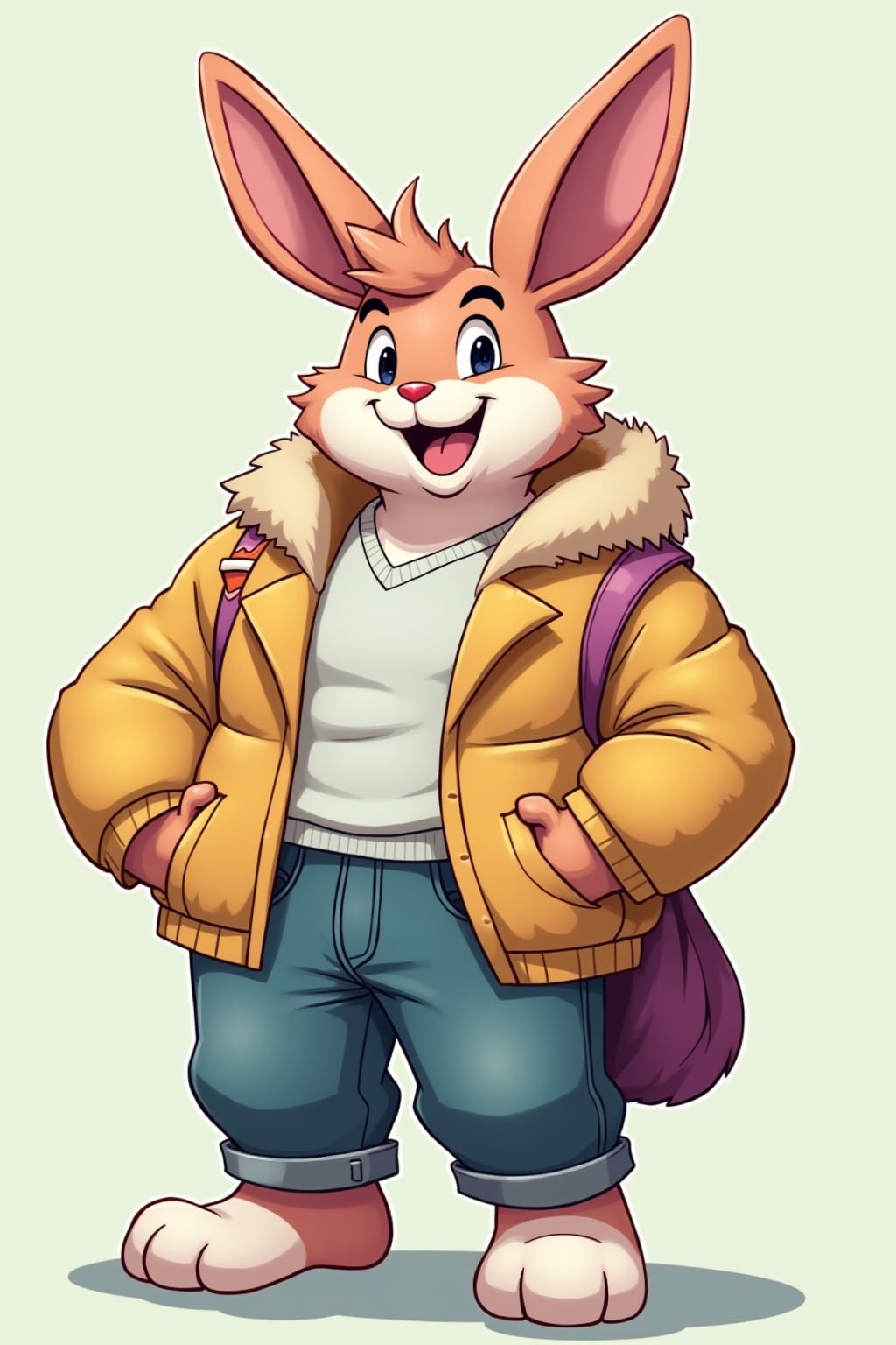 furry character of bunny fursona of man with  handsome rabbit features, fluffy fur, and upright ears, wearing colorful casual wear, happy expression, detailed digital furry art style, pastel colors