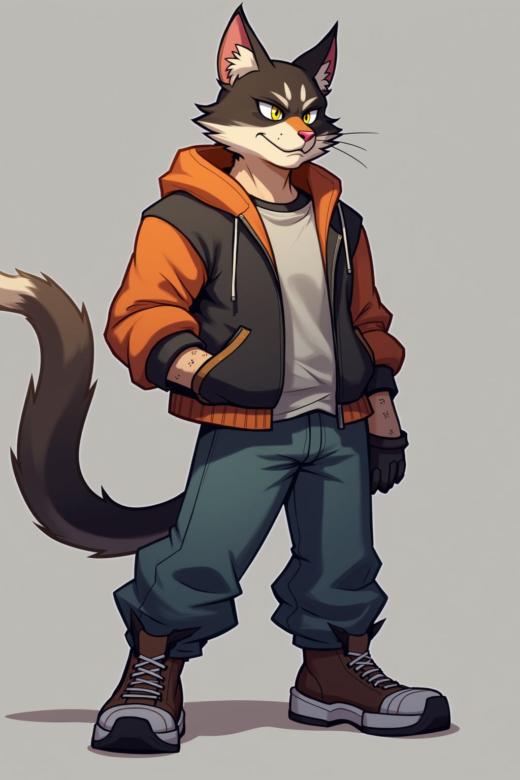 furry character of cat fursona of man with  cool feline features, sleek fur, and prominent cat ears, wearing stylish casual outfit, confident expression, detailed digital furry art style, bright colors