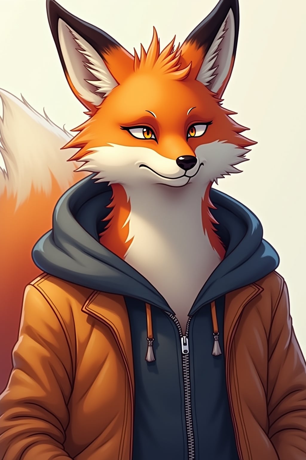 furry character of fox fursona of man with  handsome fox features, orange and white fur, and pointed fox ears, wearing trendy streetwear, playful expression, detailed digital furry art style