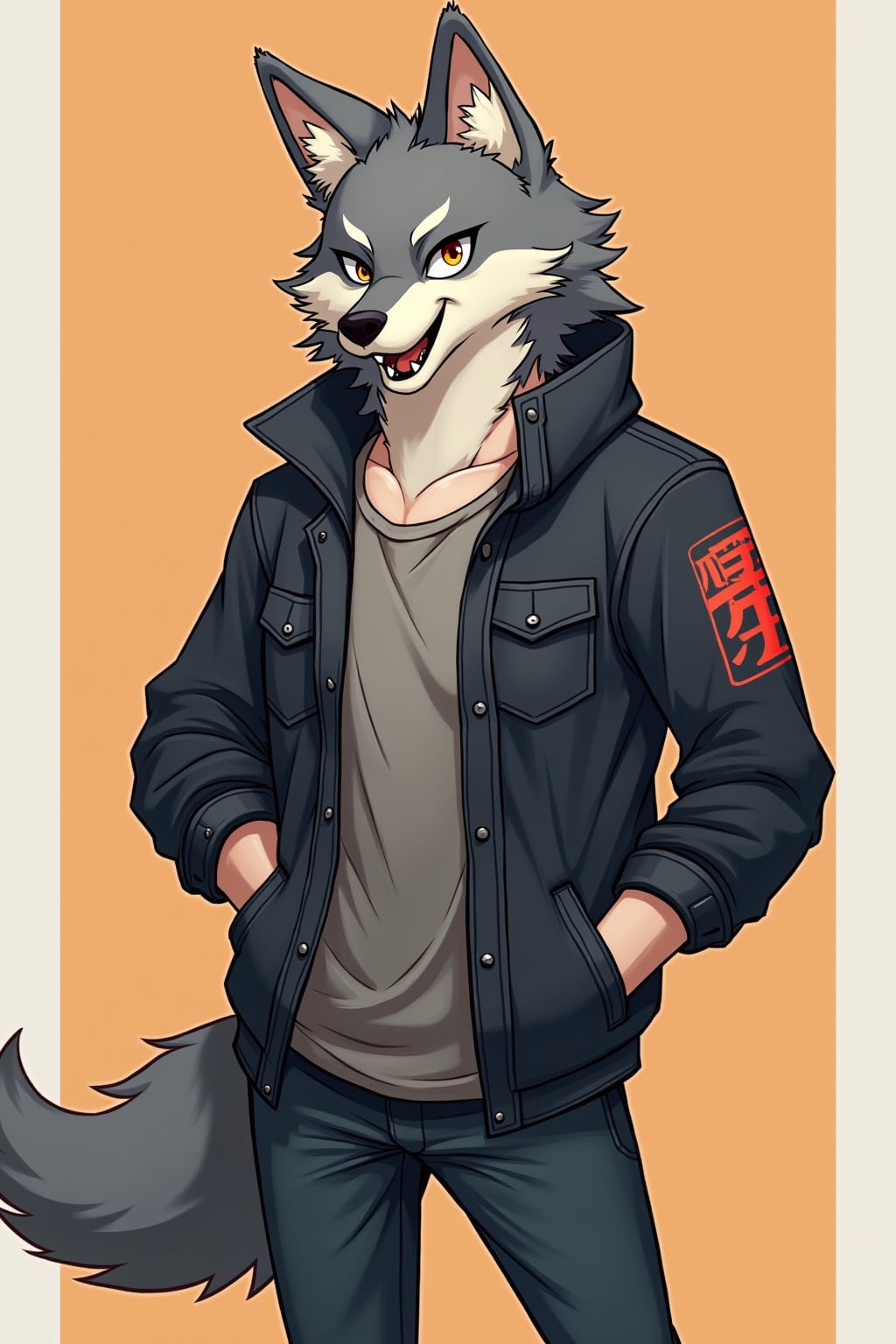 furry character of wolf fursona of man with  masculine features, rugged fur, and prominent wolf ears, wearing casual modern clothing, friendly expression, detailed digital furry art style, vibrant colors