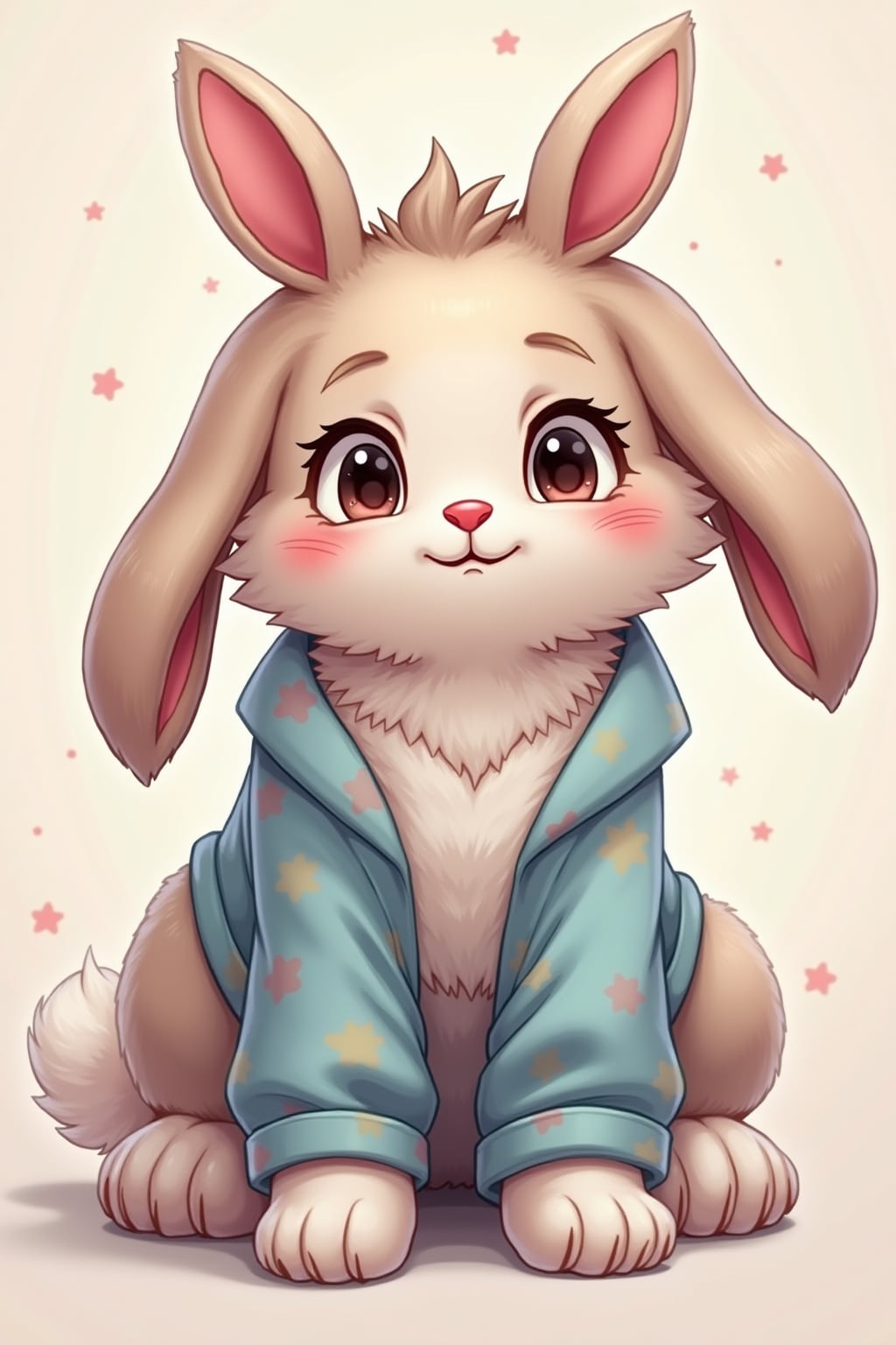 furry character of bunny fursona of woman with cute rabbit features, soft fur, and long floppy ears , wearing colorful casual wear, happy expression, detailed digital furry art style, pastel colors