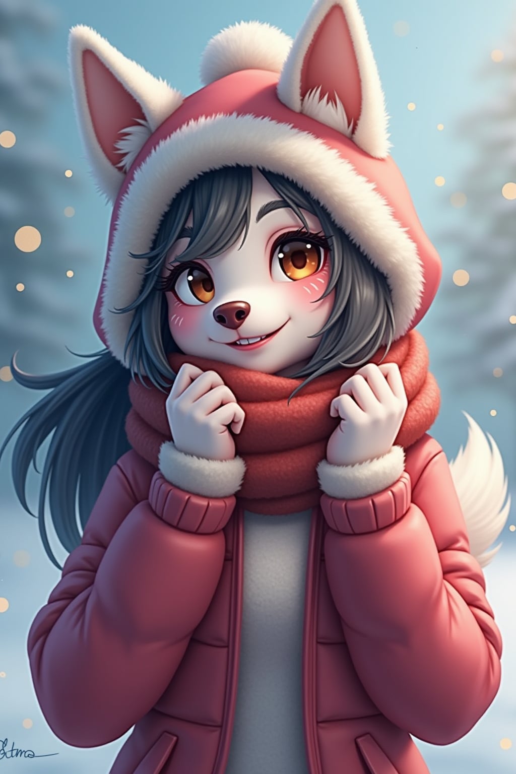 furry character of husky fursona of woman with beautiful husky features, fluffy fur markings, and perky ears , wearing cozy winter clothing, cheerful expression, detailed digital furry art style, cool colors