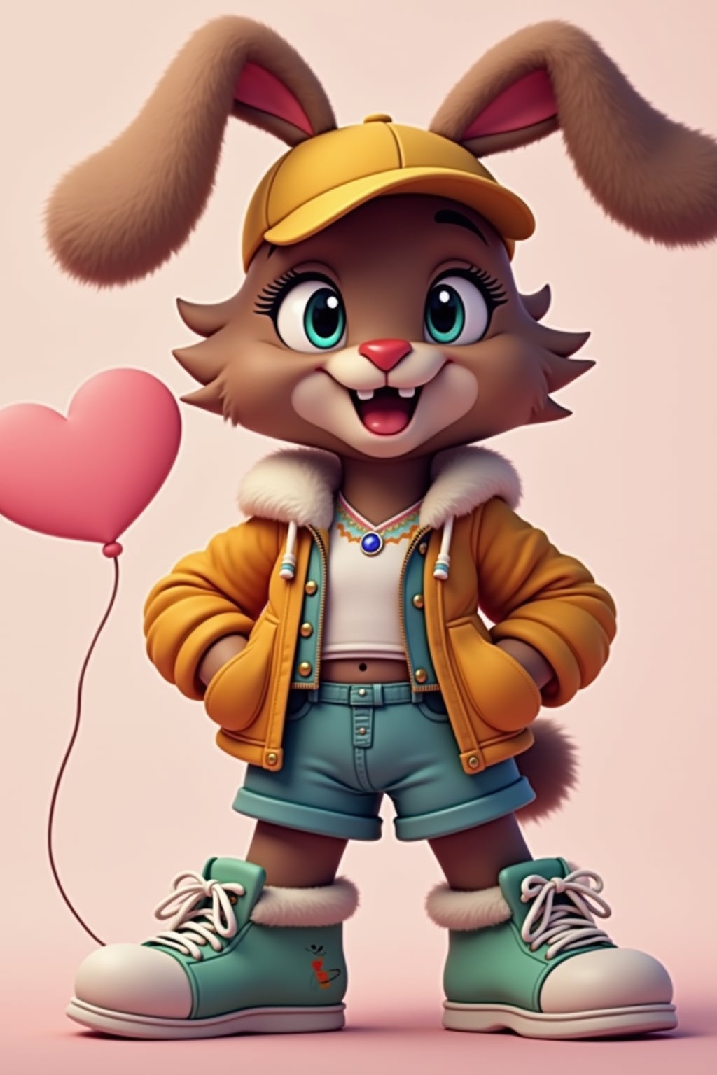 furry character of bunny fursona of woman with cute rabbit features, soft fur, and long floppy ears , wearing colorful casual wear, happy expression, detailed digital furry art style, pastel colors