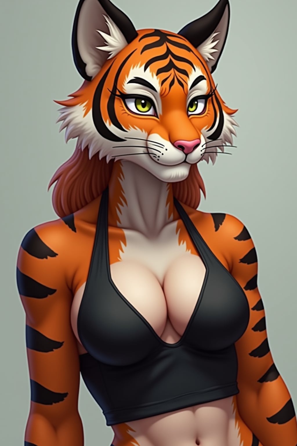 furry character of tiger fursona of woman with elegant tiger features, orange and black striped fur, and rounded ears , wearing athletic wear, determined expression, detailed digital furry art style