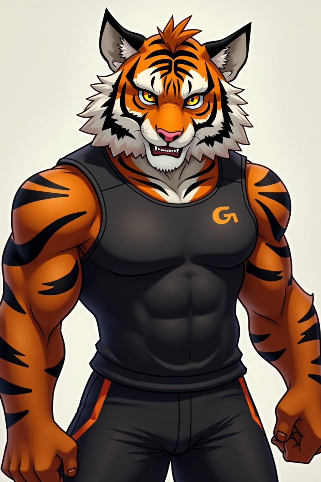 furry character of tiger fursona of man with  fierce tiger features, bold orange and black stripes, and prominent ears, wearing athletic wear, determined expression, detailed digital furry art style