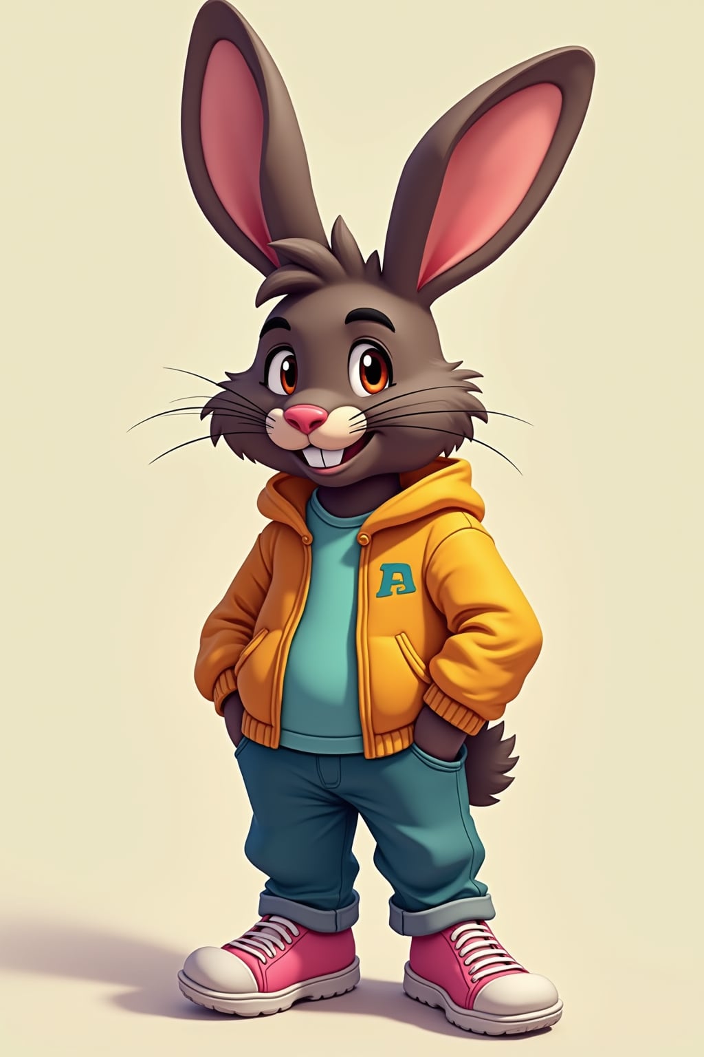 furry character of bunny fursona of man with  handsome rabbit features, fluffy fur, and upright ears, wearing colorful casual wear, happy expression, detailed digital furry art style, pastel colors