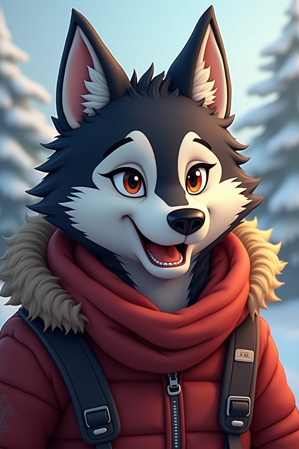 furry character of husky fursona of man with  strong husky features, thick fur markings, and alert ears, wearing cozy winter clothing, cheerful expression, detailed digital furry art style, cool colors