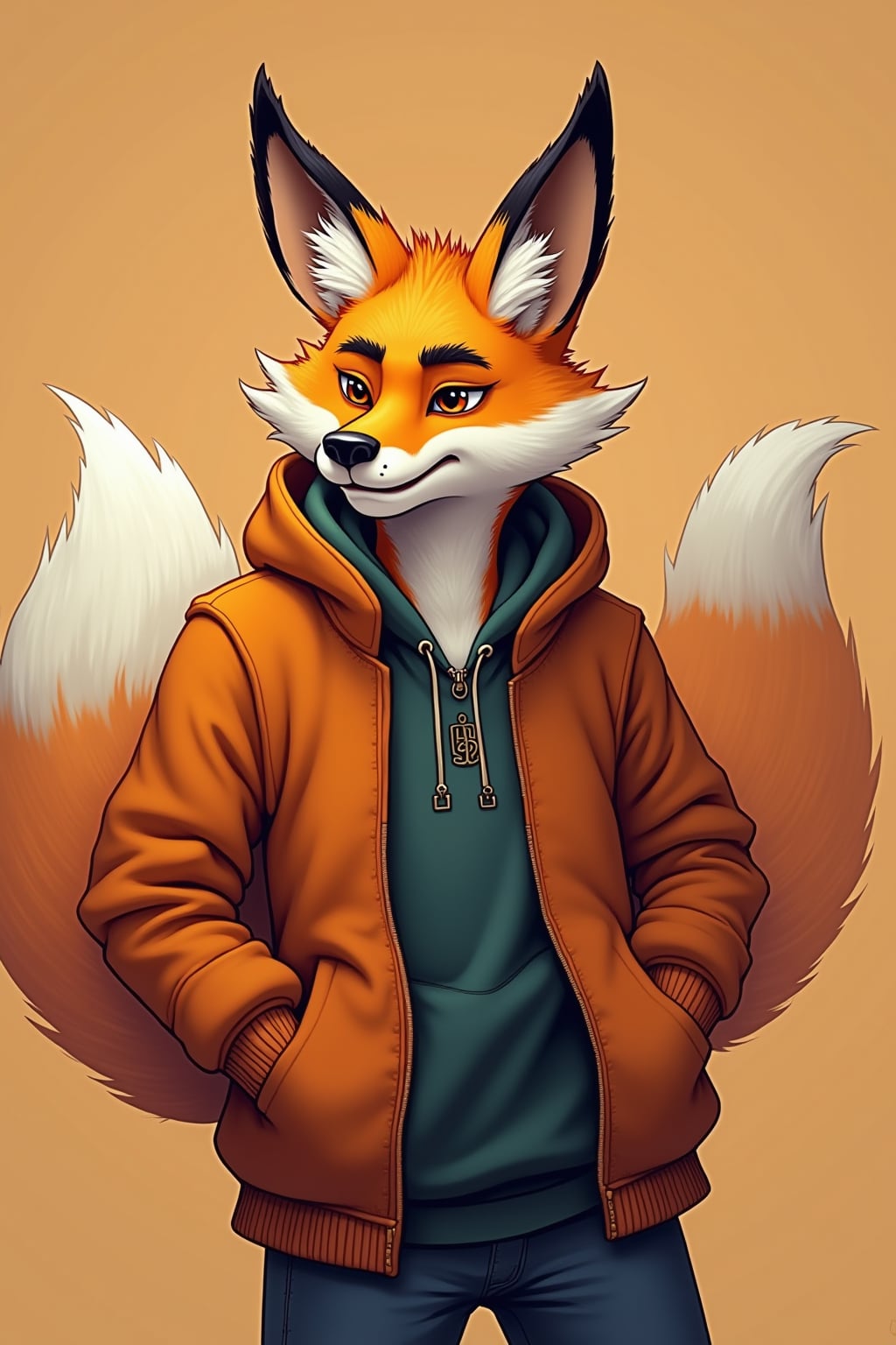 furry character of fox fursona of man with  handsome fox features, orange and white fur, and pointed fox ears, wearing trendy streetwear, playful expression, detailed digital furry art style