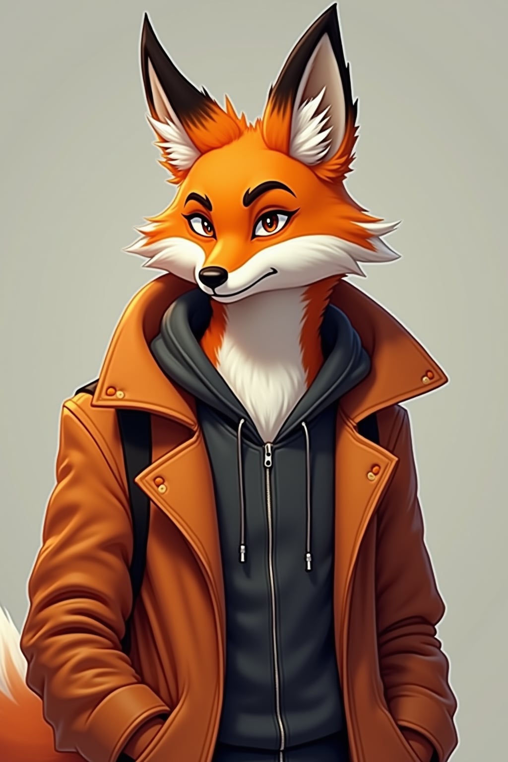 furry character of fox fursona of man with  handsome fox features, orange and white fur, and pointed fox ears, wearing trendy streetwear, playful expression, detailed digital furry art style
