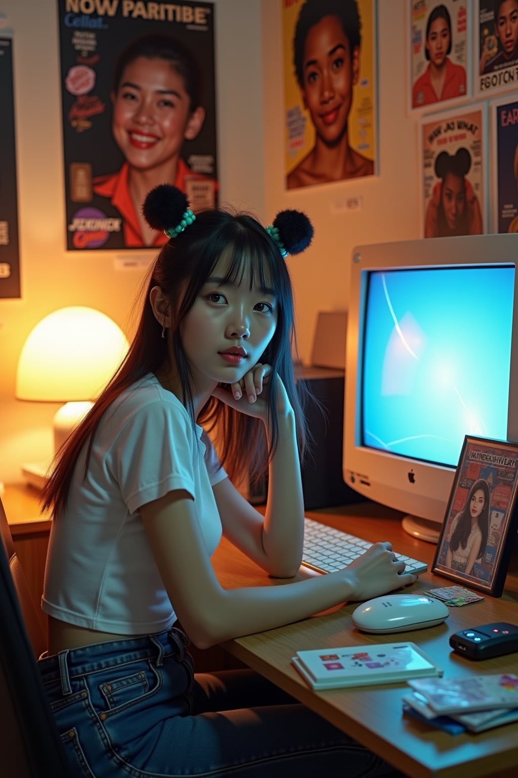 woman sitting at a 2000s themed desk setup. the woman is dressed in early 2000s fashion, wearing a baby tee with low-rise jeans and chunky highlights, evoking Y2K nostalgia. her expression is one of curiosity and intrigue as she interacts with the old computer setup. large posters are pinned to the wall above the desk. To the right, a bulky CRT monitor displays a screensaver. The desk is cluttered with items including CD cases, a portable CD player, and a flip phone. A framed photograph is placed beside a Pepsi Twist bottle. Items like butterfly hair clips and NOW That's What I Call Music CDs are scattered across the desk, along with various holographic stickers and concert tickets. A lava lamp illuminates the workspace, and pop star posters and CD covers decorate the surrounding walls.