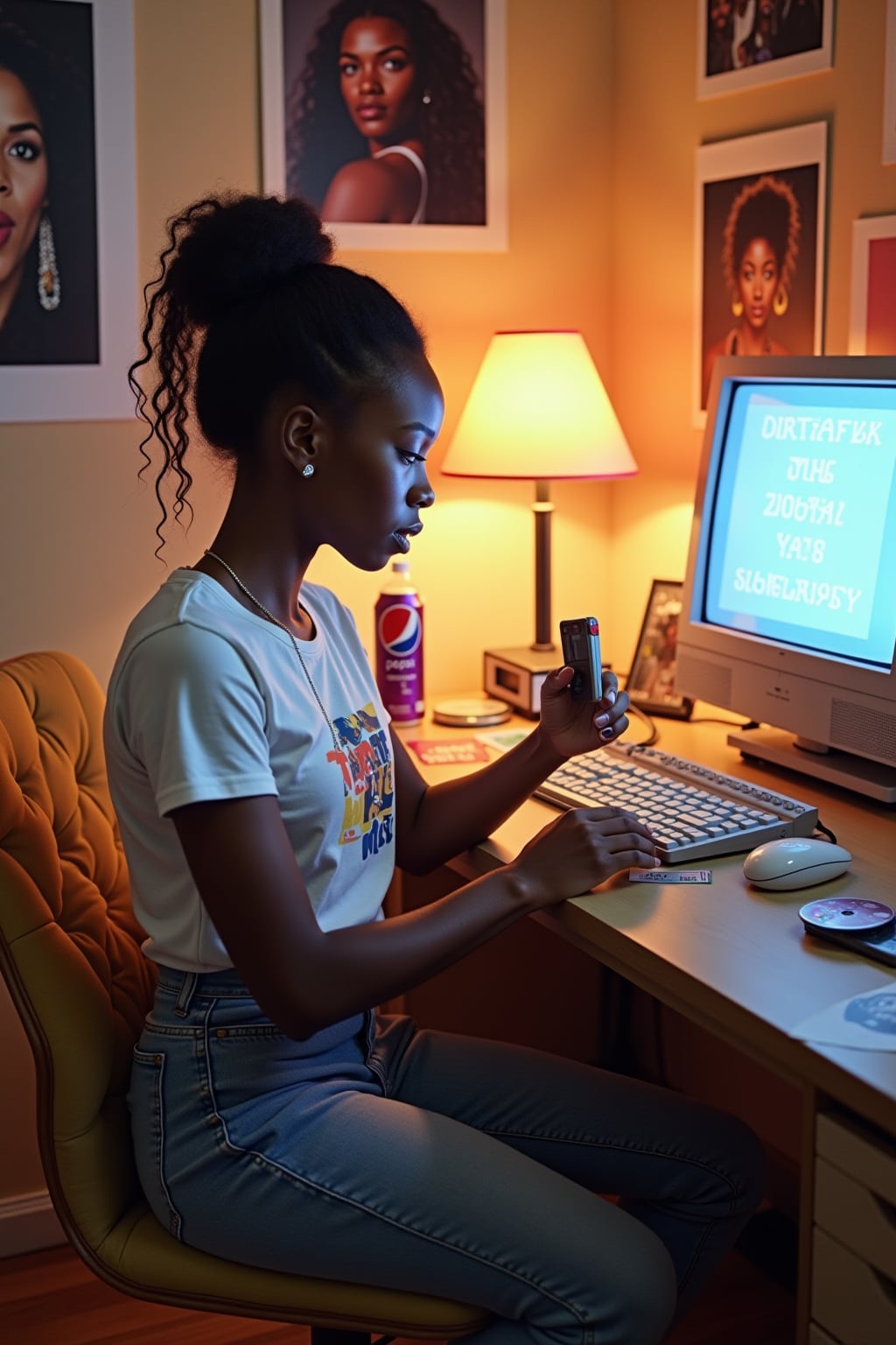 man sitting at a 2000s themed desk setup. the man is dressed in early 2000s fashion, wearing a baby tee with low-rise jeans and chunky highlights, evoking Y2K nostalgia. her expression is one of curiosity and intrigue as she interacts with the old computer setup. large posters are pinned to the wall above the desk. To the right, a bulky CRT monitor displays a screensaver. The desk is cluttered with items including CD cases, a portable CD player, and a flip phone. A framed photograph is placed beside a Pepsi Twist bottle. Items like butterfly hair clips and NOW That's What I Call Music CDs are scattered across the desk, along with various holographic stickers and concert tickets. A lava lamp illuminates the workspace, and pop star posters and CD covers decorate the surrounding walls.