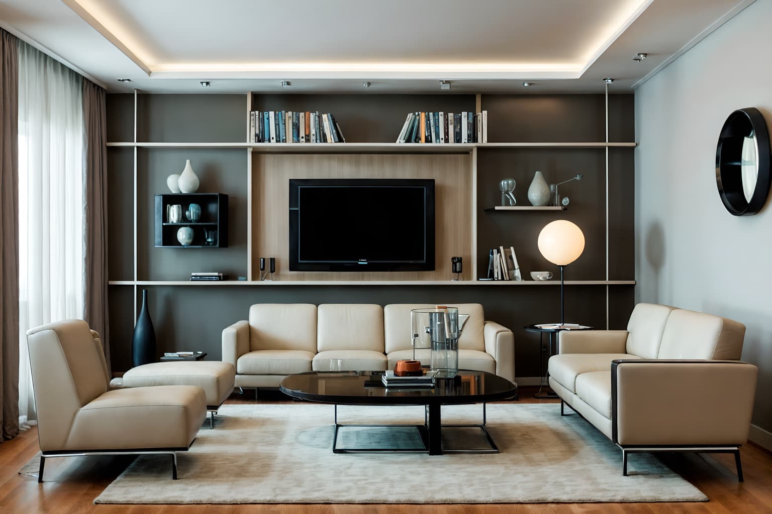 Retro futuristic-style (living room interior) With electric lamps and sofa and televisions and bookshelves and coffee tables and furniture and occasional tables and rug. . With neutral background and bright accents and strong geometric walls and circular shapes and futuristic interior and minimalist clean lines and light colors and monochromatic palette and glass panes. . Cinematic photo, highly detailed, cinematic lighting, ultra-detailed, ultrarealistic, photorealism, 8k. Retro futuristic interior design style